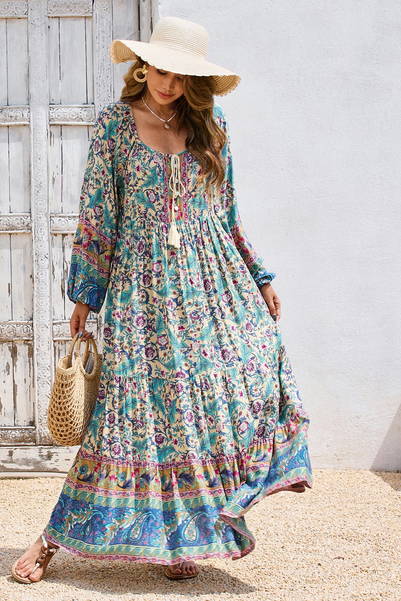 R.Vivimos Donna Quadrato Collo Floreale Maxi Abito Manica Lunga Sciolto Ruffle Vestito Vacanza Spiaggia