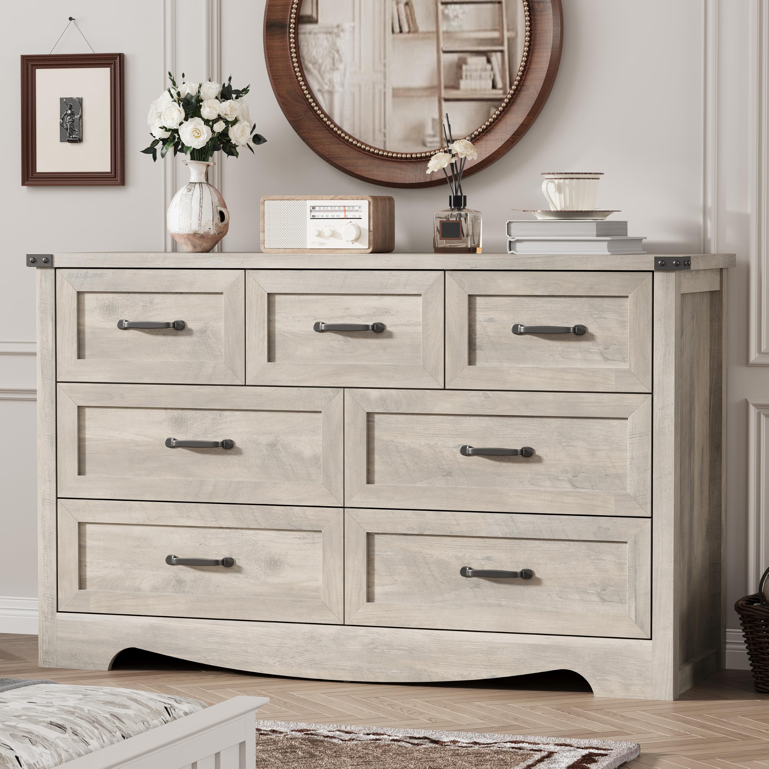 Dresser for Bedroom with 7 Drawers, 58" Wide Wood Chest of Drawers with Deep Drawers &amp; Mental Handle, Modern Dresser TV Stand, Wooden Closet Storage Organizer for Living Room, Hallway, Entryway, Grey