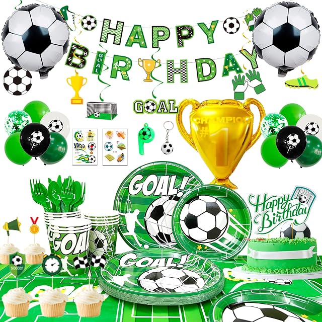 Football Party Supplies,181pcs Football Theme Party Decorations&Tableware Set-Football Party Plates Cups Napkins Table Cloth Football Balloons Banner Cake Toppers ect Soccer Birthday Party Decorations