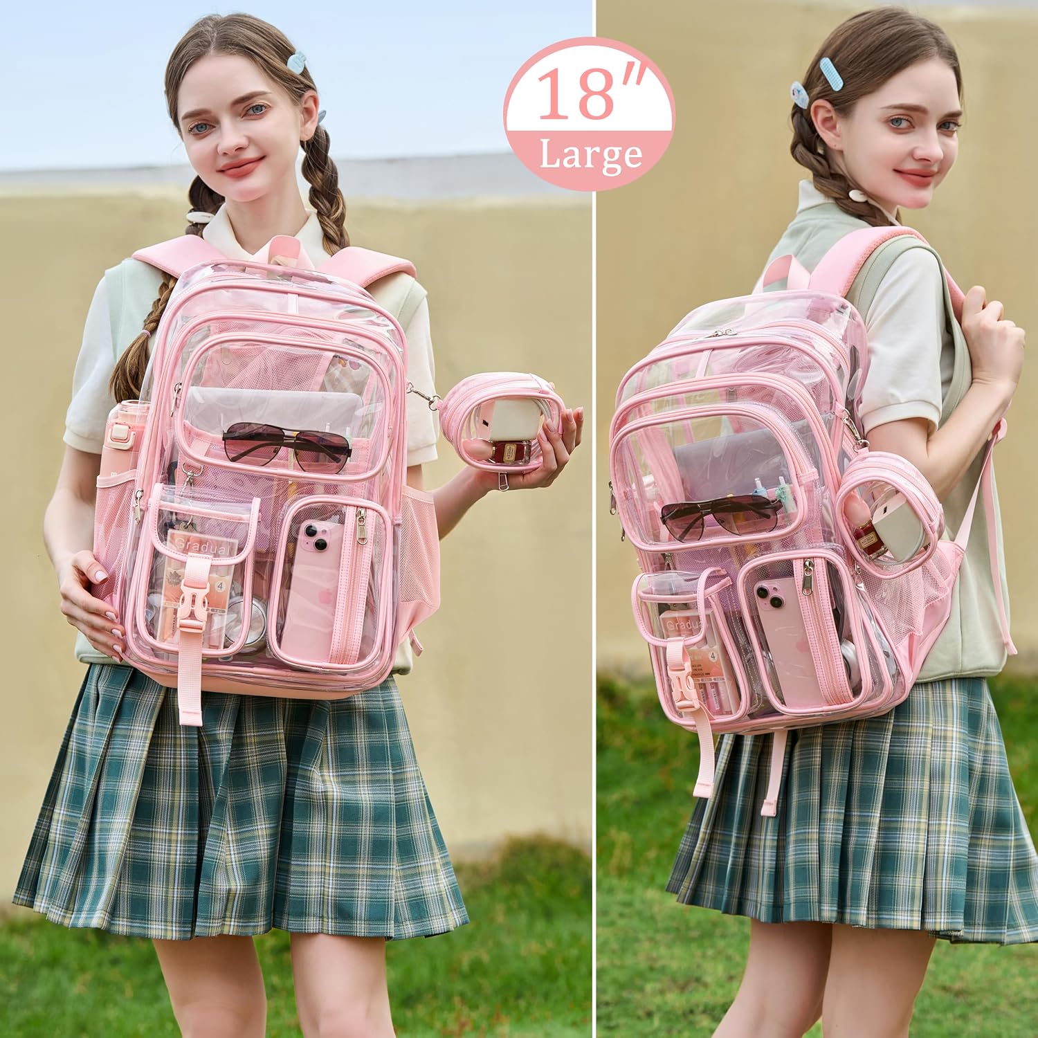 Clear Backpack for School,18 Inch Extra Large Heavy Duty Bookbag for Girls and Boys,Durable See Through PVC Transparent School Backpack for Travel(Pink)