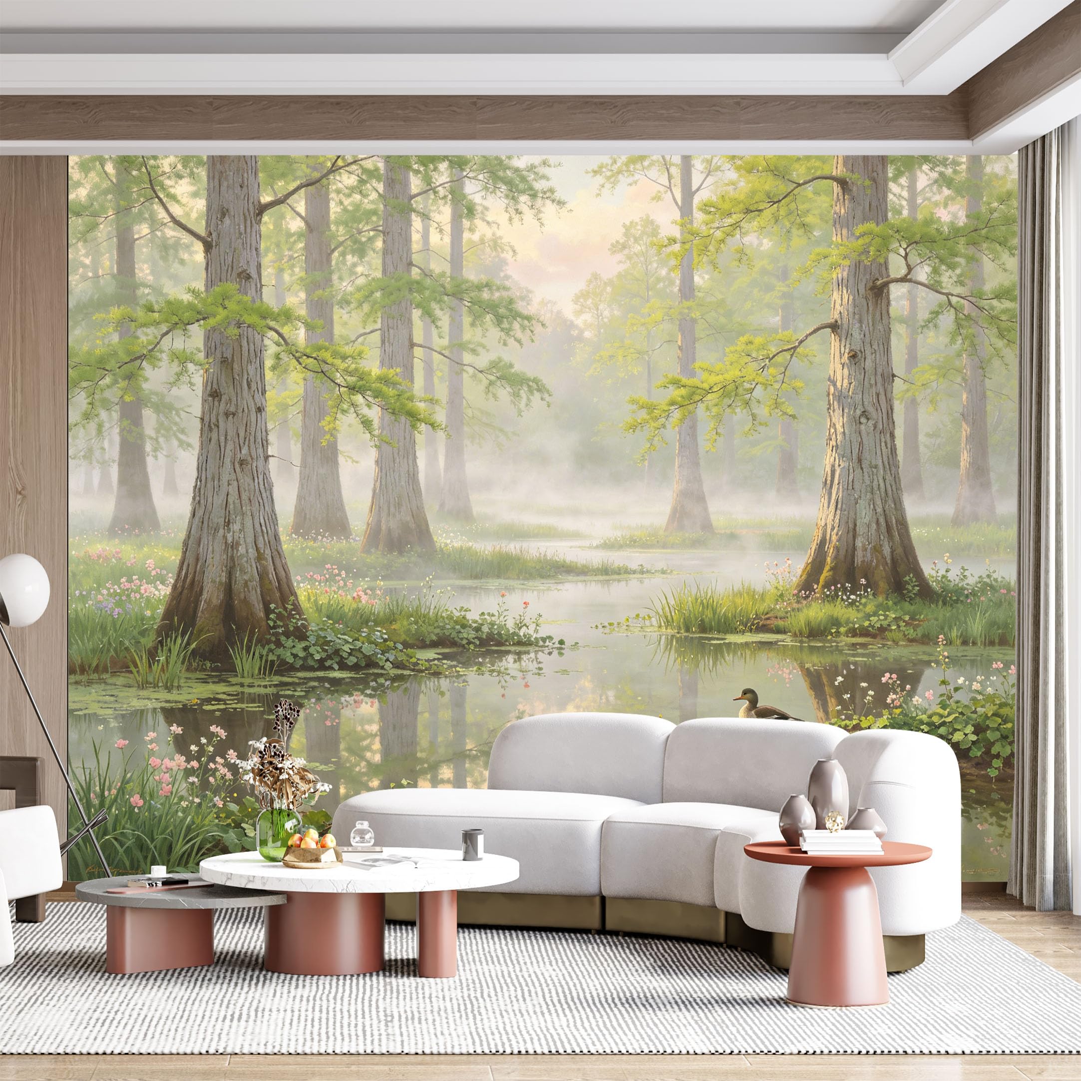 Custom Size Wall Mural Serene Forest Pond Tranquil Wetland Duck Landscape Oil Painting SelfAdhesive Wall Fabric Removable for Home Office Decor