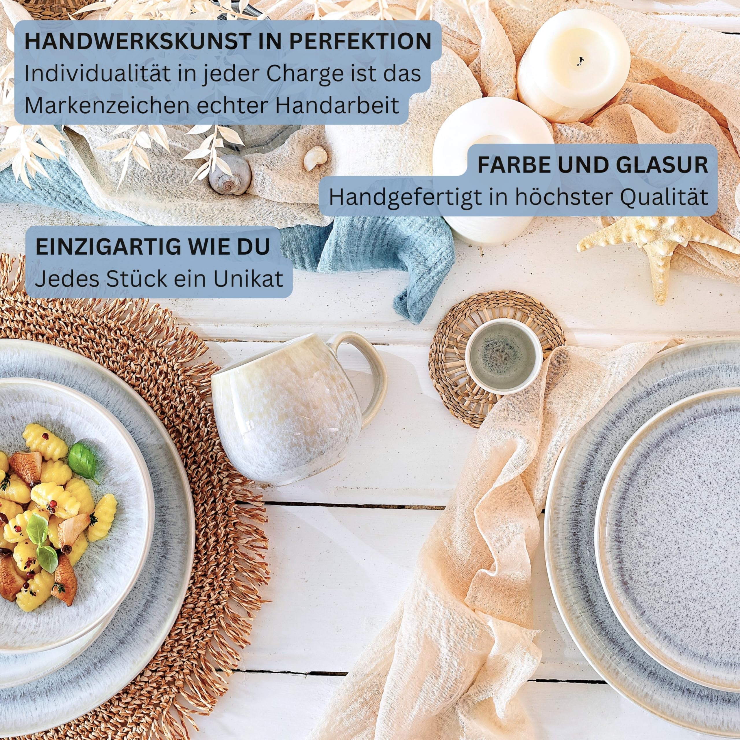 SÄNGER Vajilla Santorini de 12 piezas, juego de platos para 4 personas, juego de vajilla de gres, incluye platos de postre y platos profundos de color crema con degradado lila y azul, colección