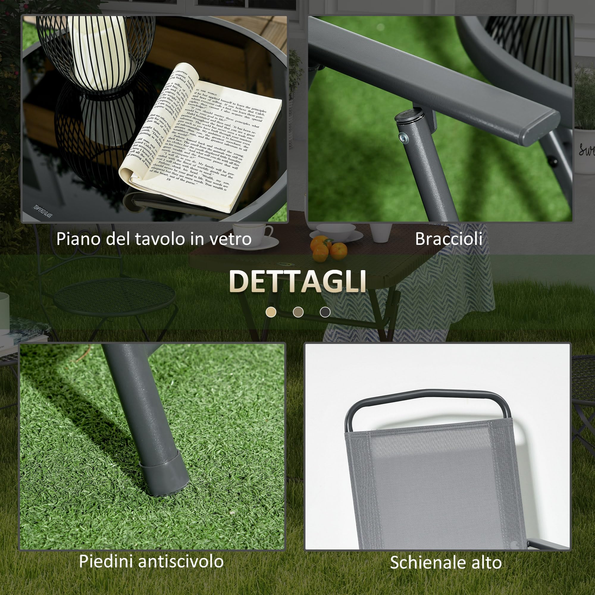 Outsunny Set da Giardino 3 Pezzi con Sedie e Tavolino Pieghevoli in Metallo e Vetro Grigio Chiaro per Patio