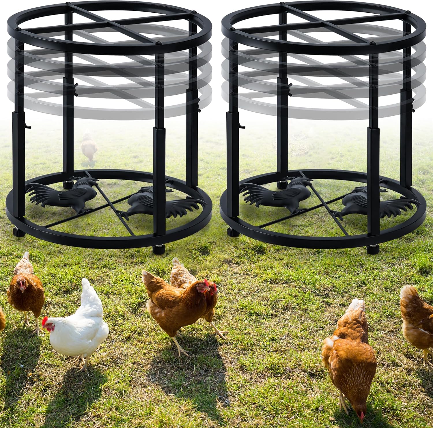 Metal Stand for Chicken Feeder Waterer, 4 Height Adjustable (2 Pack), Heavy Duty Iron Base, Non-Slip Design for Round & Square Buckets, Keep Coop Dry & Clean