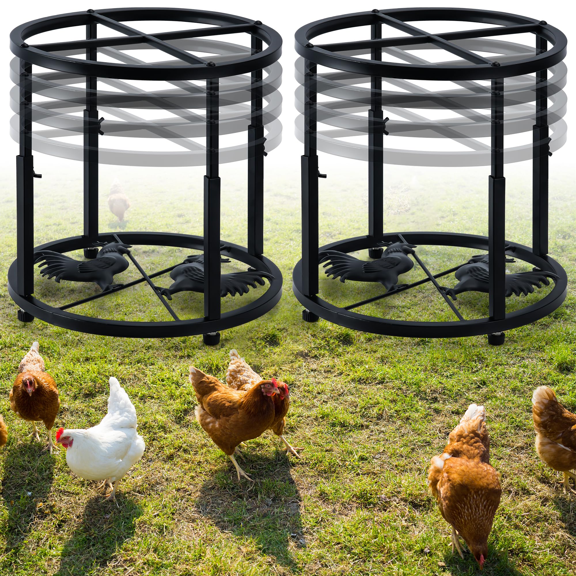 Whimsii Metal Stand for Chicken Feeder Waterer, 4 Height Adjustable (2 Pack), Heavy Duty Iron Base, Non-Slip Design for Round & Square Buckets, Keep