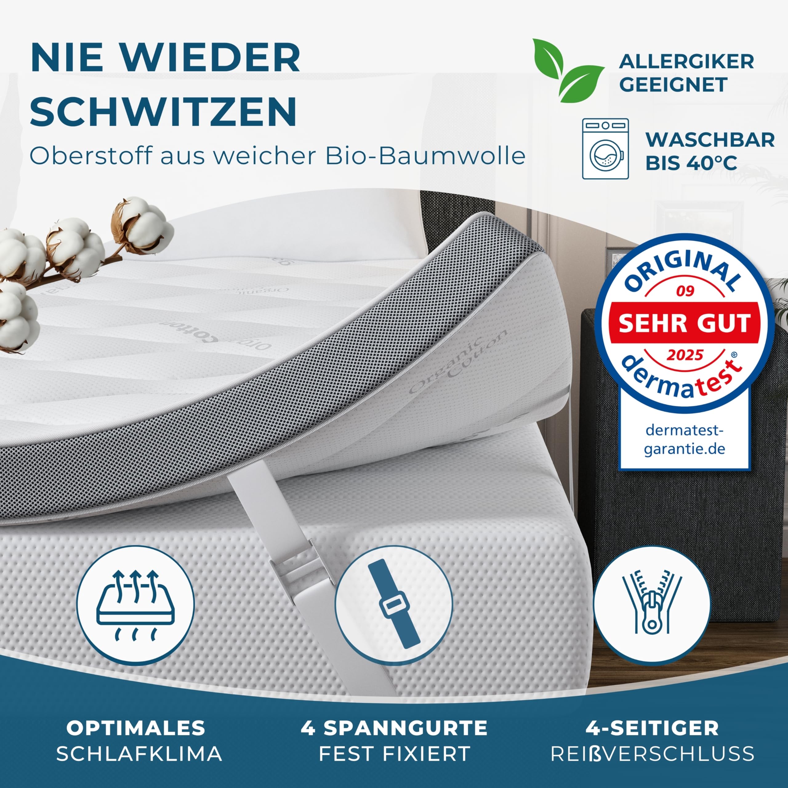 Deluxe Gel Topper 180x200cm | Oberstoff aus 100% Bio-Baumwolle | wolkenweicher 7-Zonen Matratzentopper 180x200cm | Hohes RG 50 | 8cm Matratzen Topper 180x200 |Luxus Matratzenauflage Geltopper