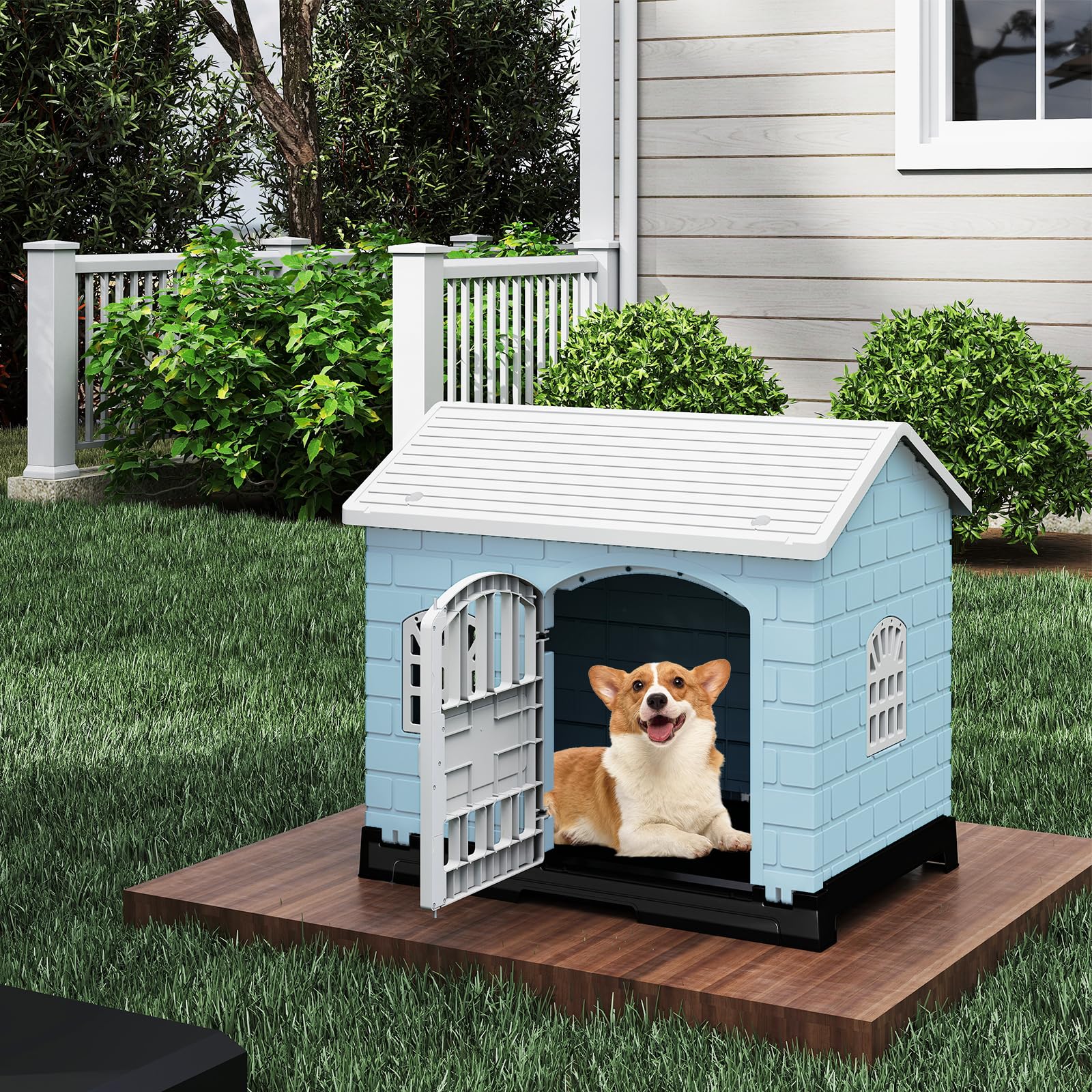 GOPLUS Caseta para Perros de Plástico, Casa para Perro con 3 Ventanas, Puerta con Cerradura, Techo Inclinado, Bandeja Extraíble, Perrera Interior Exterior para Perros Pequeños Medianos Patio (Azul)