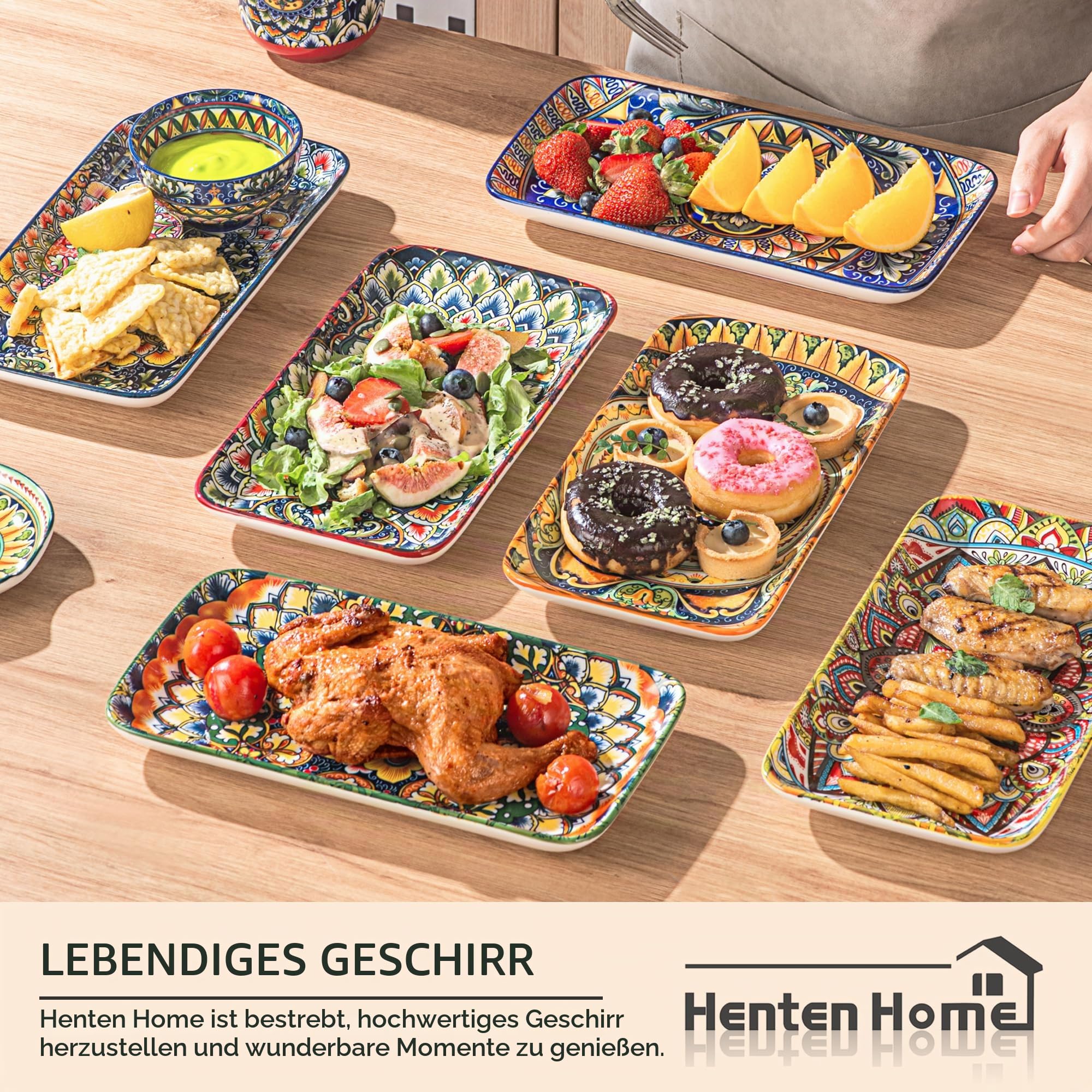 Henten Home Servierplatte 6er, Kuchenplatte Rechteckig 25.5cm/10", Servierteller für Vorspeisen, Sushi, Obst, Salat, Dessert - Mikrowellen-/Ofen-/Spülmaschinenfest - Mehrfarbig