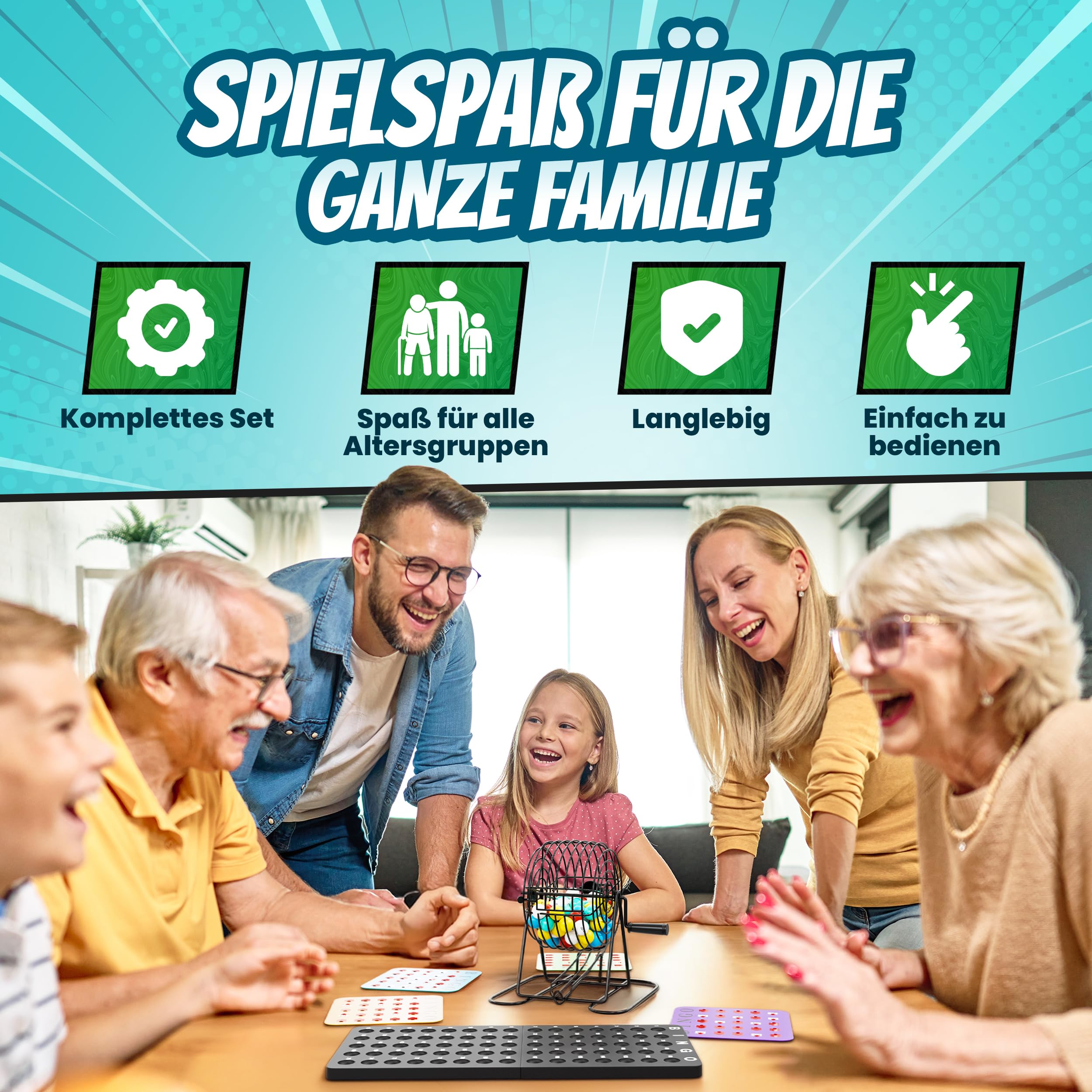 Bingo Spiel – Set mit Metalltrommel, Bingo Karten, Spielbrett & 75 Kugeln – 10 Wiederverwendbare Schiebekarten, Spiele für Senioren, Erwachsene & Kinder ab 6 – Familienspiel, Partyspiel