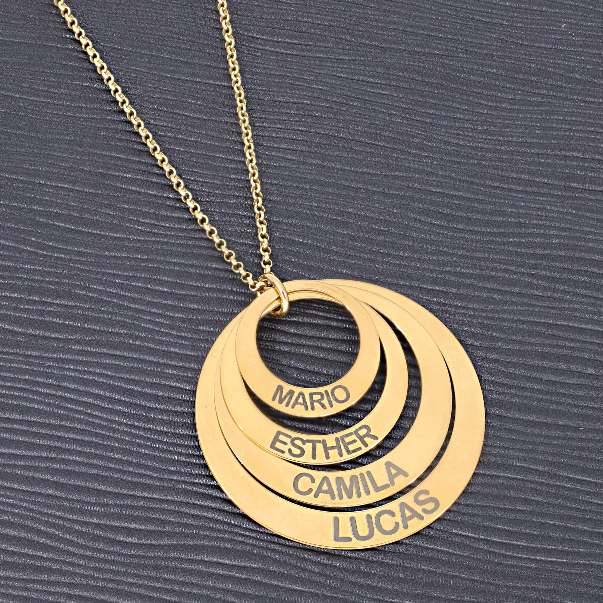 Collar Personalizado con Discos - Colgante Personalizado con Nombres o Palabras - Colgante de Plata - 4 Discos de Oro en Plata de Ley 925/1000
