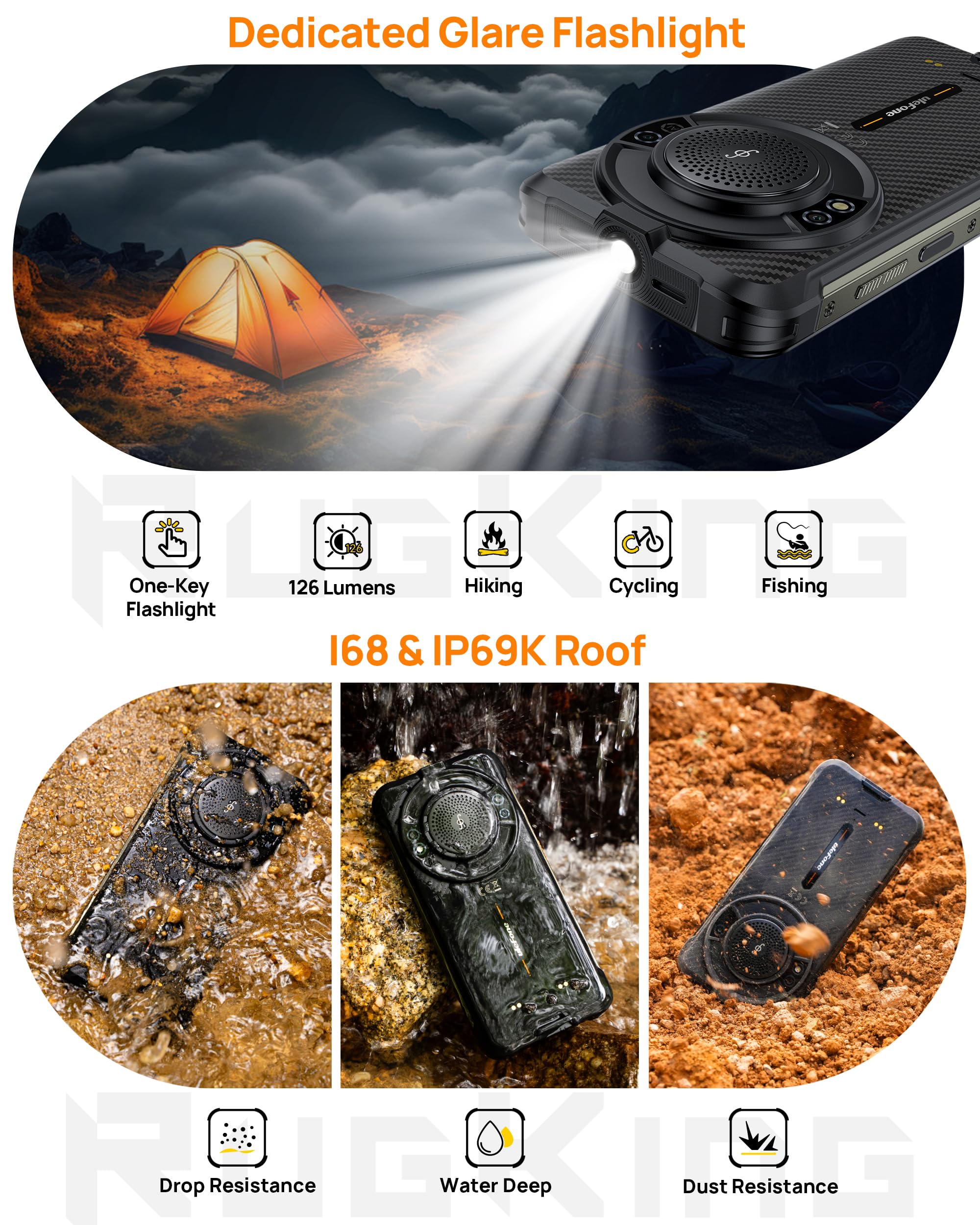 Ulefone 4G Rugged Phone, RugKing Unlocked Smartphone, Android 15, 16+256GB, 50MP+2MP+8MP Camera, 9600mAh, 126dB Speaker, 5.99” Screen, 3-Card Slot, NFC/GPS, Dual LTE