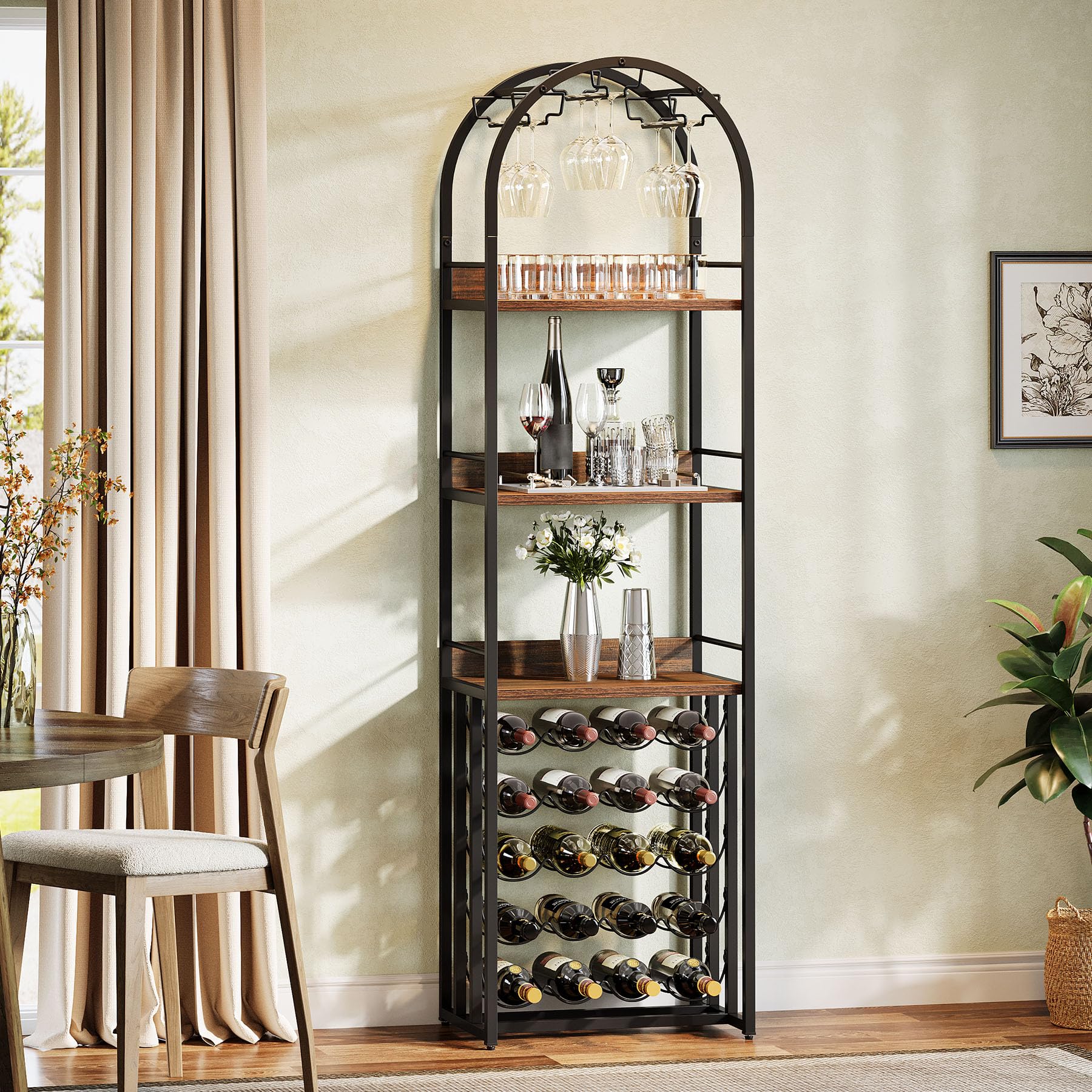 Tribesigns Porte-bouteilles en métal avec support en verre et rangement de vin pour cave, bar et espace de rangement, porte-bouteilles avec plateau de table, 50 x 35 x 180 cm, marron