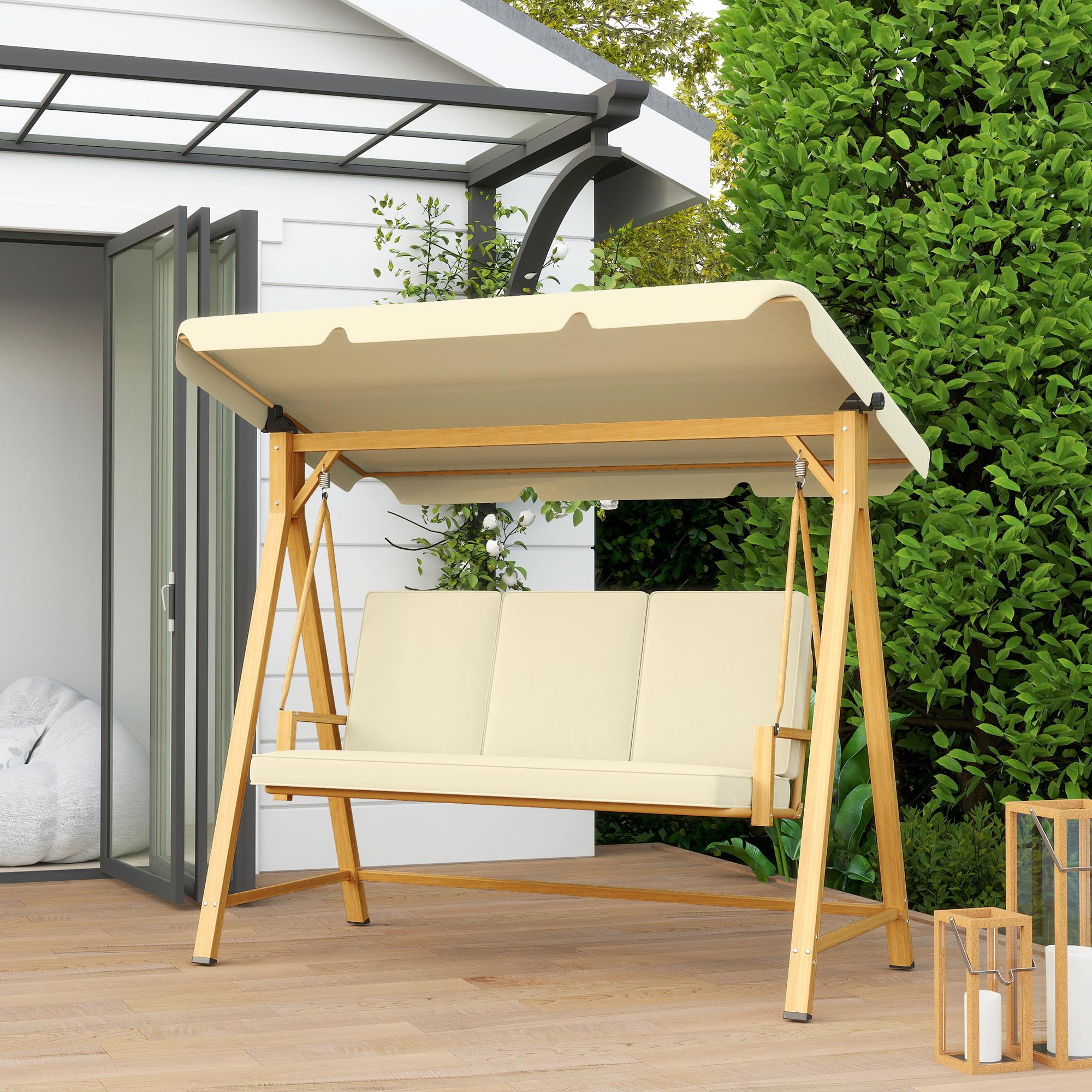 Outsunny Balancín de Jardín Exterior con Toldo Ajustable de 3 Plazas Columpio de Jardín Exterior con Cojines y Estructura con Veta de Madera Carga 330 kg 195x120x170 cm Beige