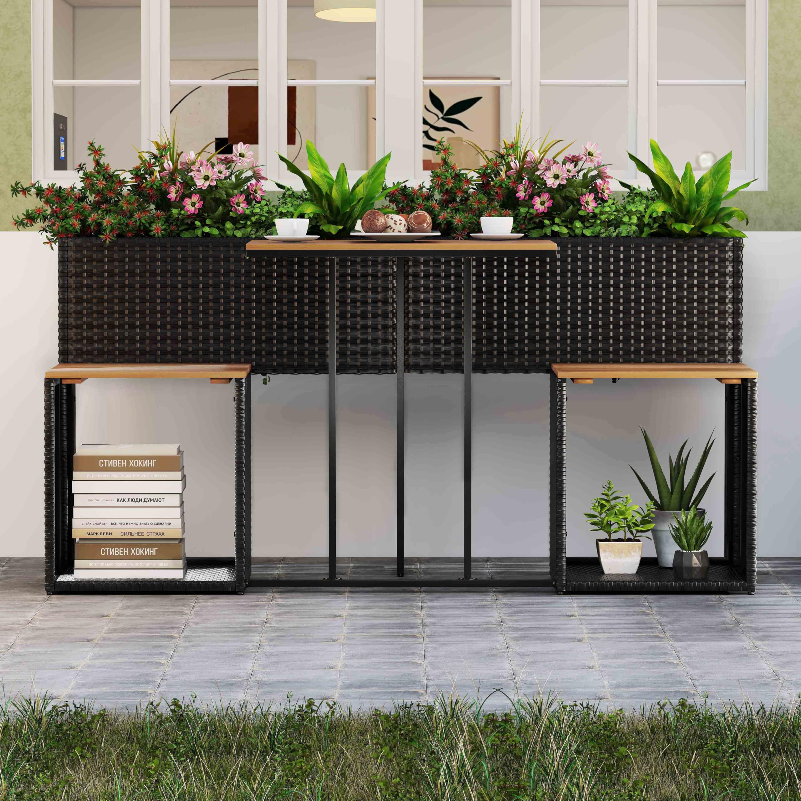 COSTWAY Gartenmöbel Set mit Hochbeet (Schwarz) | Kräuterbeet mit integrierten Stühlen, Balkonset, Balkonmöbel, Sitzgarnitur, Sitzgruppe für Garten, Balkon, Terrasse