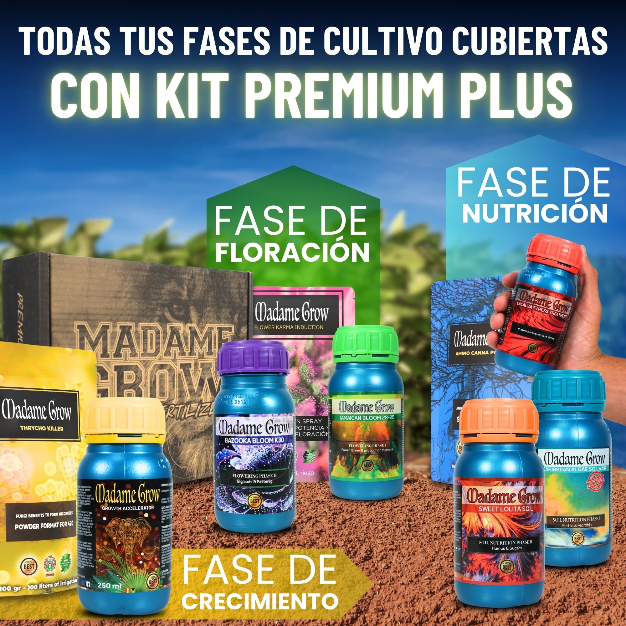 MADAME GROW Fertilizante 420 Plantas Verdes - Fertilizante para plantas verdes - Fertilizante líquido para plantas - Fertilizante universal para el crecimiento(KIT PREMIUM 9 6x250ml +30g + 50g + 100g)