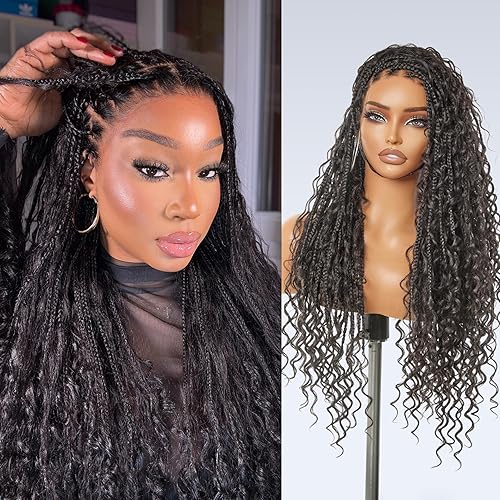 LUVME HAIR Real Full Lace Boho Braided Wigs Standard 150% Density Human Hair Blended Synthetic Braids Flexi-Fit Invisi Drawstring Wig Cap Bohemia Curls Pre Cut Lace Plucked Natural Scalp 26 Inches