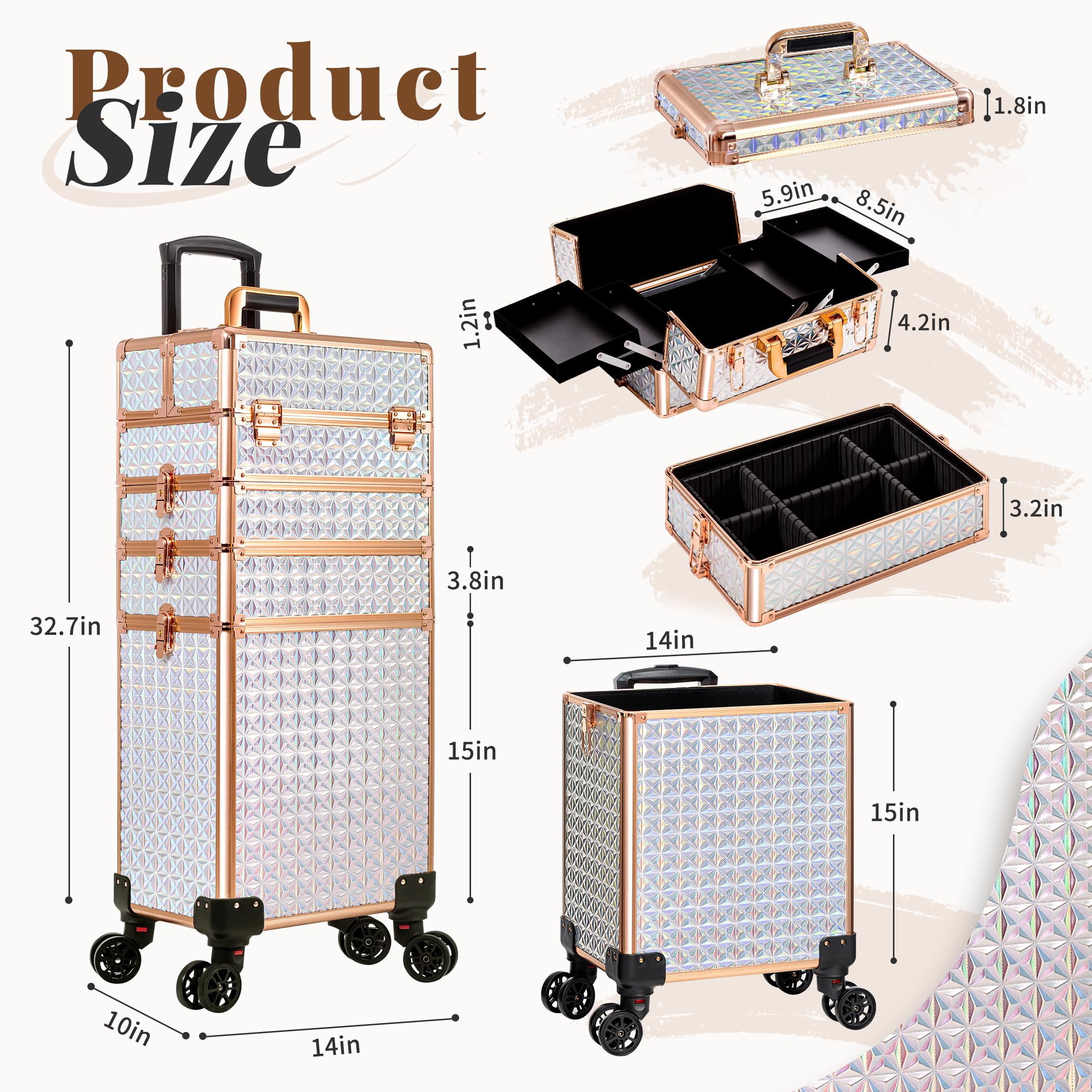 Arous Maletín profesional 5 en 1 con ruedas giratorias de aluminio, organizador de viaje de maquillaje, con ruedas giratorias de 360°, White, 5 en 1