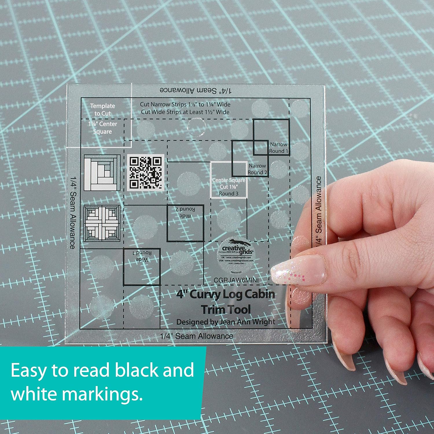 Creative Grids 4in Curvy Log Cabin Trim Tool Quilt Ruler – CGRJAW6MINI – Made in USA, 4-1/2in x 4-1/2in, Non-Slip Grip Acrylic Quilting, Sewing, Crafting, Patchwork Ruler & Template