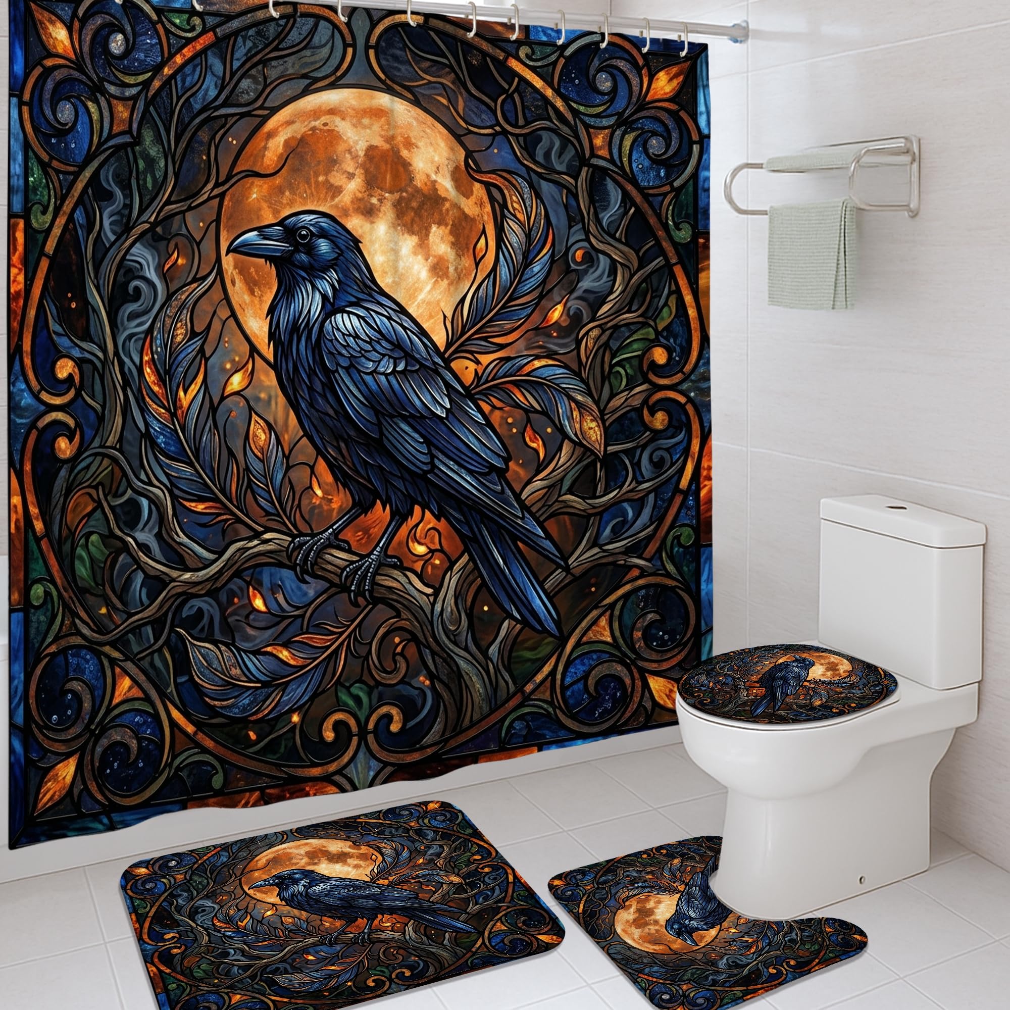 Ensemble rideau de douche Art Nouveau bleu nuit pour une salle de bain zen