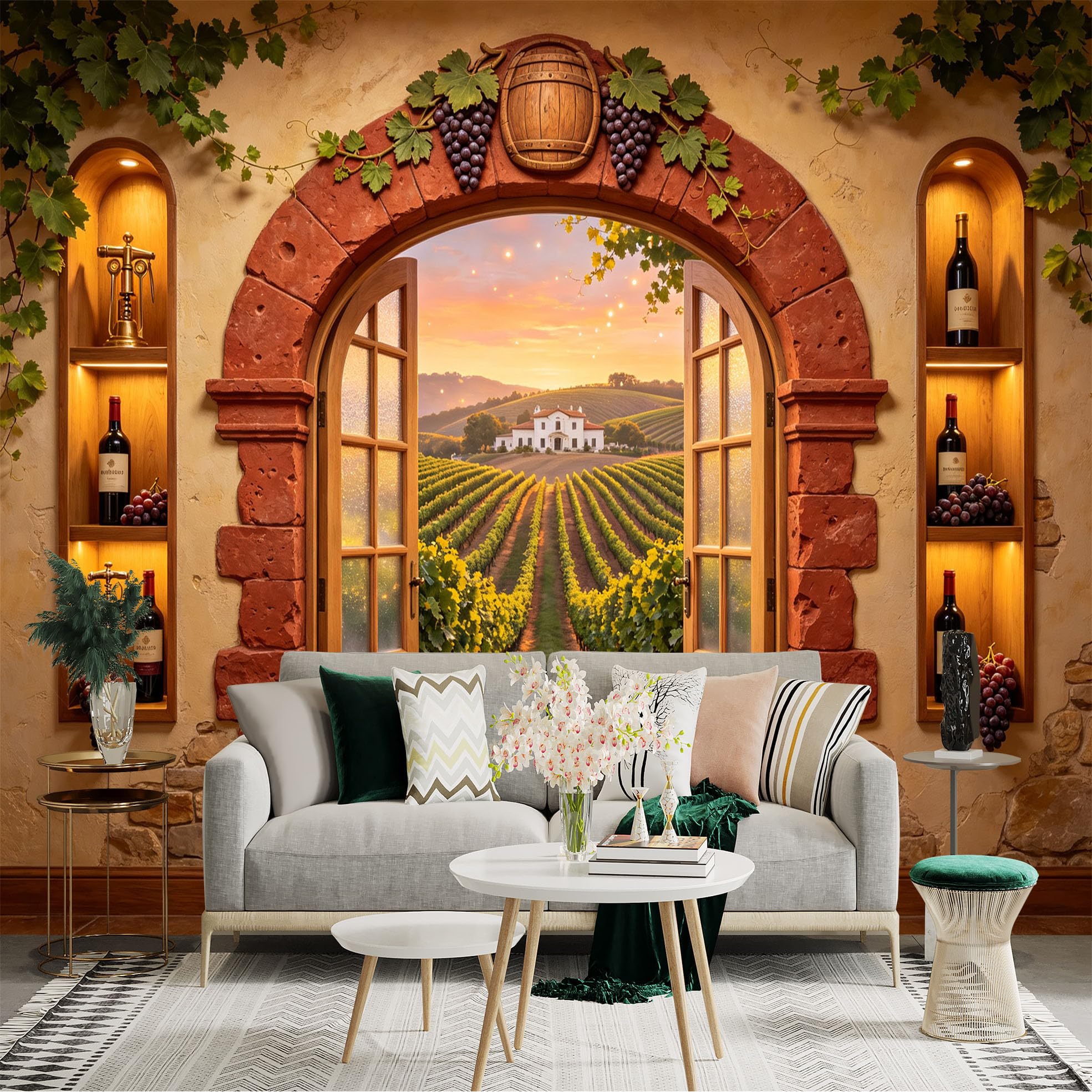 Custom Size Wall Sticker Mural， Vineyard Sunset Landscape， Rustic Wine Cellar Archway， Grape Farm View， for wall Decoration， peelandstick wall Decals.