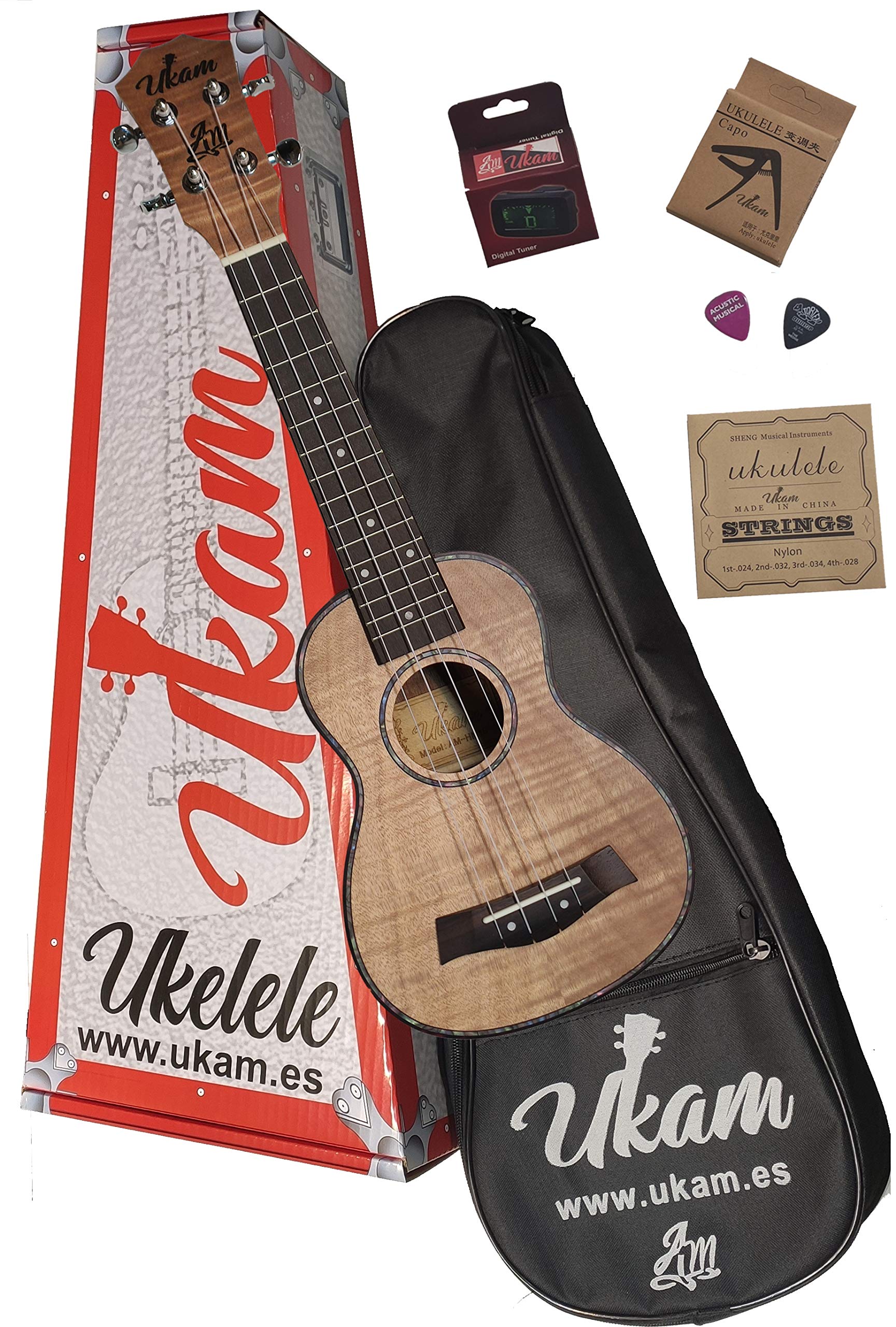 Ukulele Soprano 21" UKAM AM-HM10, modello Tigre Oguman, con accordatore a clip, capotasto speciale ukulele, custodia imbottita con cinghia, set di corde extra e plettri. Pacchetto completo avanzato.