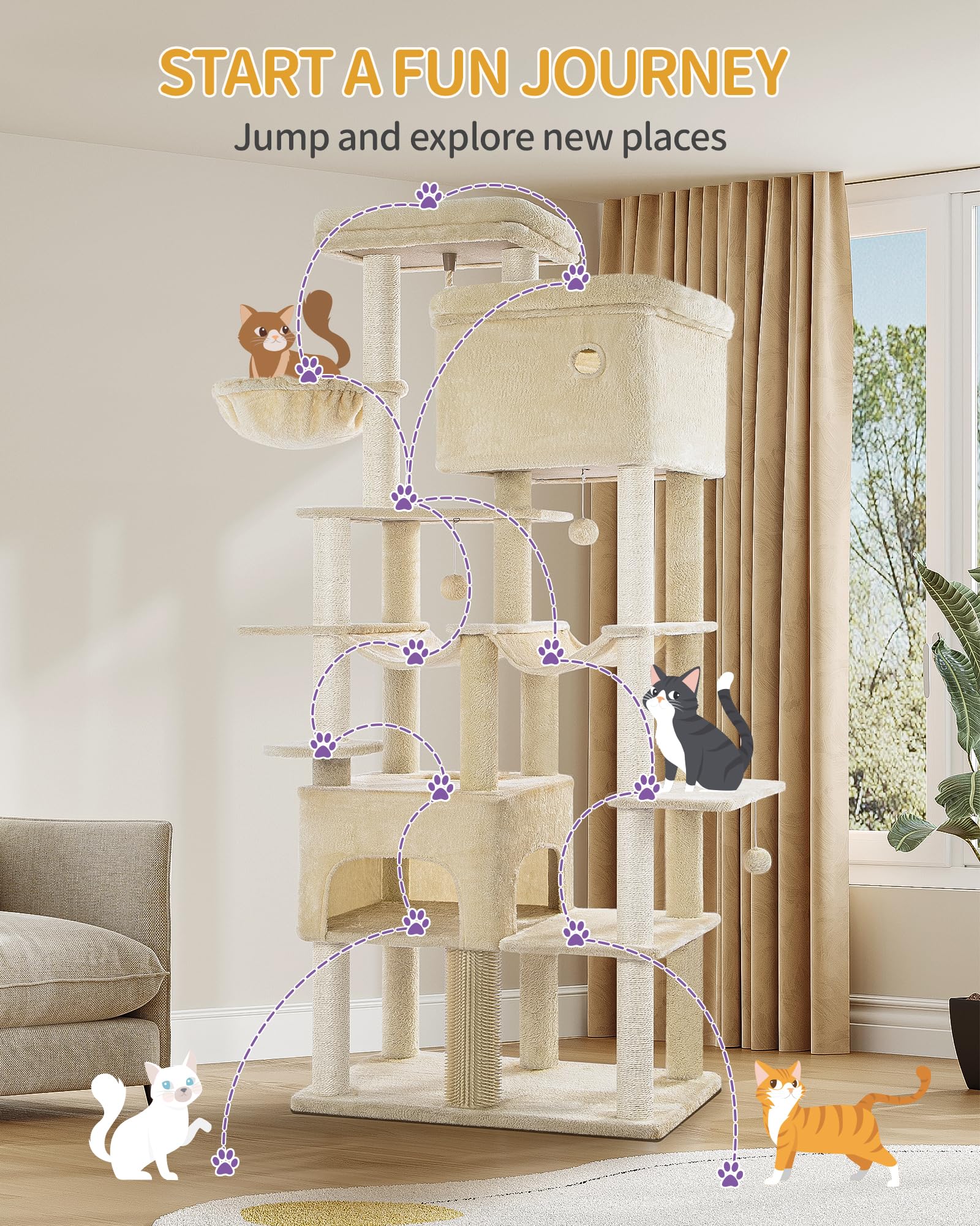 Hzuaneri Kratzbaum, 200cm XXL Kratzbaum mit 10 Kratzsäulen, 2 Höhlen, 2 Hängematten, große Plattform, Katzenbürsten, Korb,Schwerer Katzenbaum für Maine Coon, große Katzen, Beige MS20018YL