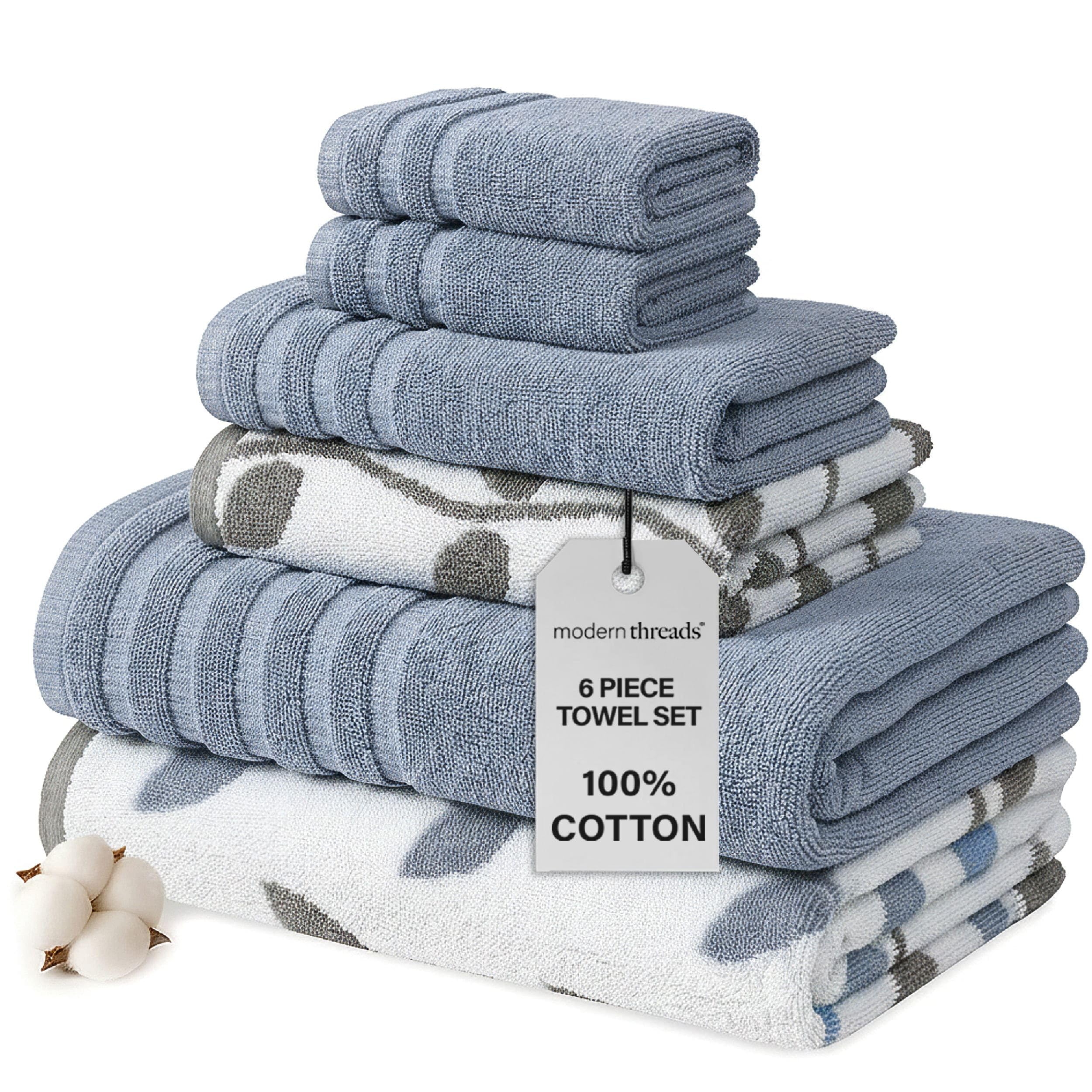 Modern Threads Natural Vine 6-Piece 100% Cotton Towel Set – Yarn Dyed Jacquard – Includes 2 Bath Towels, 2 Hand Towels, 2 Washcloths – Absorbent, Quick Dry, Soft & Durable – Blue