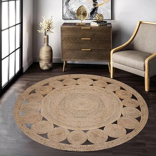 Round Jute Rug - 3ft Hand Woven Natural Braided Reversible Farmhouse Carpet