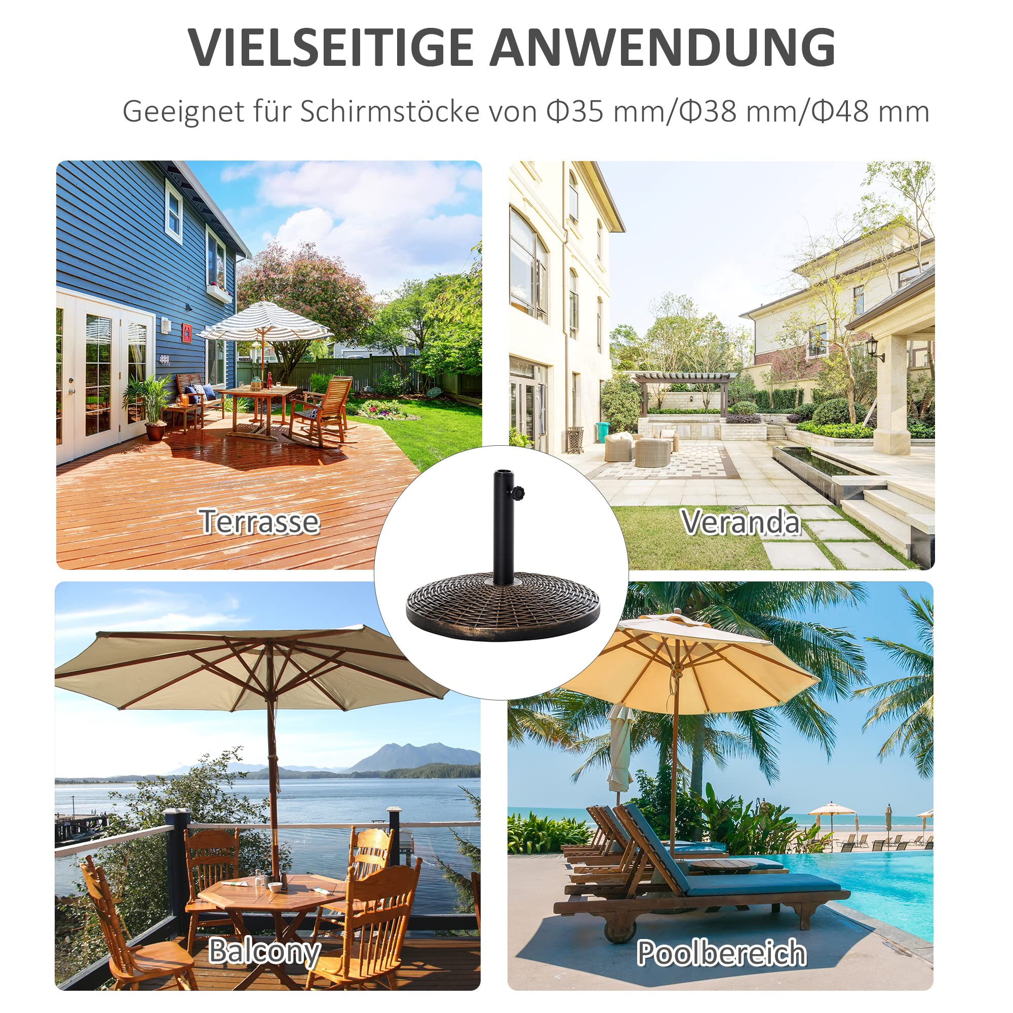 Outsunny Stojak na parasole przeciwsłoneczne, stojak na parasole 25 kg, imitacja rattanu, stojak na kosz Ø 35/Ø 38/Ø 48 mm tworzywo sztuczne + cement, antyczny brąz, Ø 53 x 40 cm