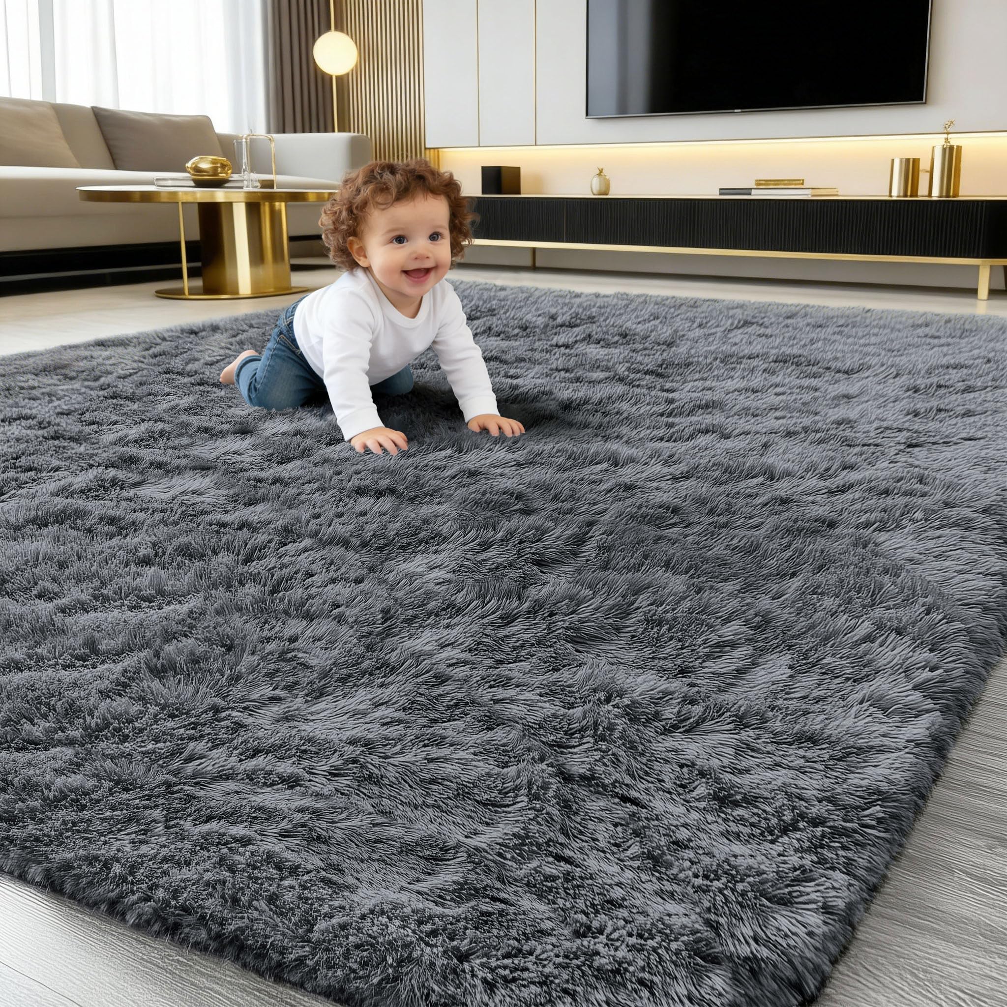 smiry Fluffy High Pile Rugs Living Room, Large Anti Slip Shaggy Soft Carpet, Machine Washable Modern Thick Area Rugs for Bedside, Kids Bedroom - Dark Grey, 160 x 220 cm — image 1
