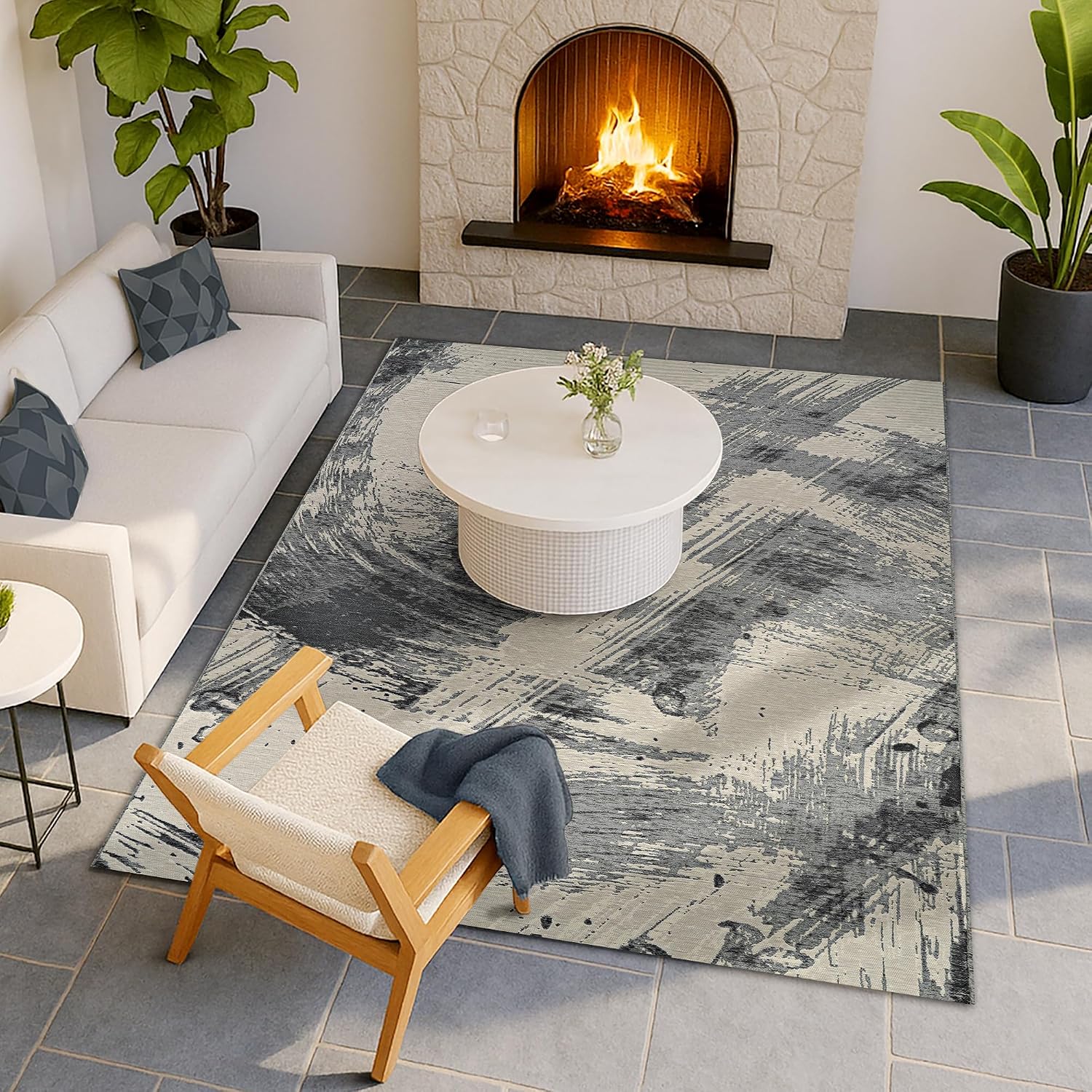 Couristan 5x8 ft Abstract Indoor or Outdoor Area Rug - Castille Glacier Grey Modern Brushstroke Design, Flatwoven, Pet-Friendly, Easy-Clean Versatile Decor for Patio, Living Room, Sunroom, Balcony