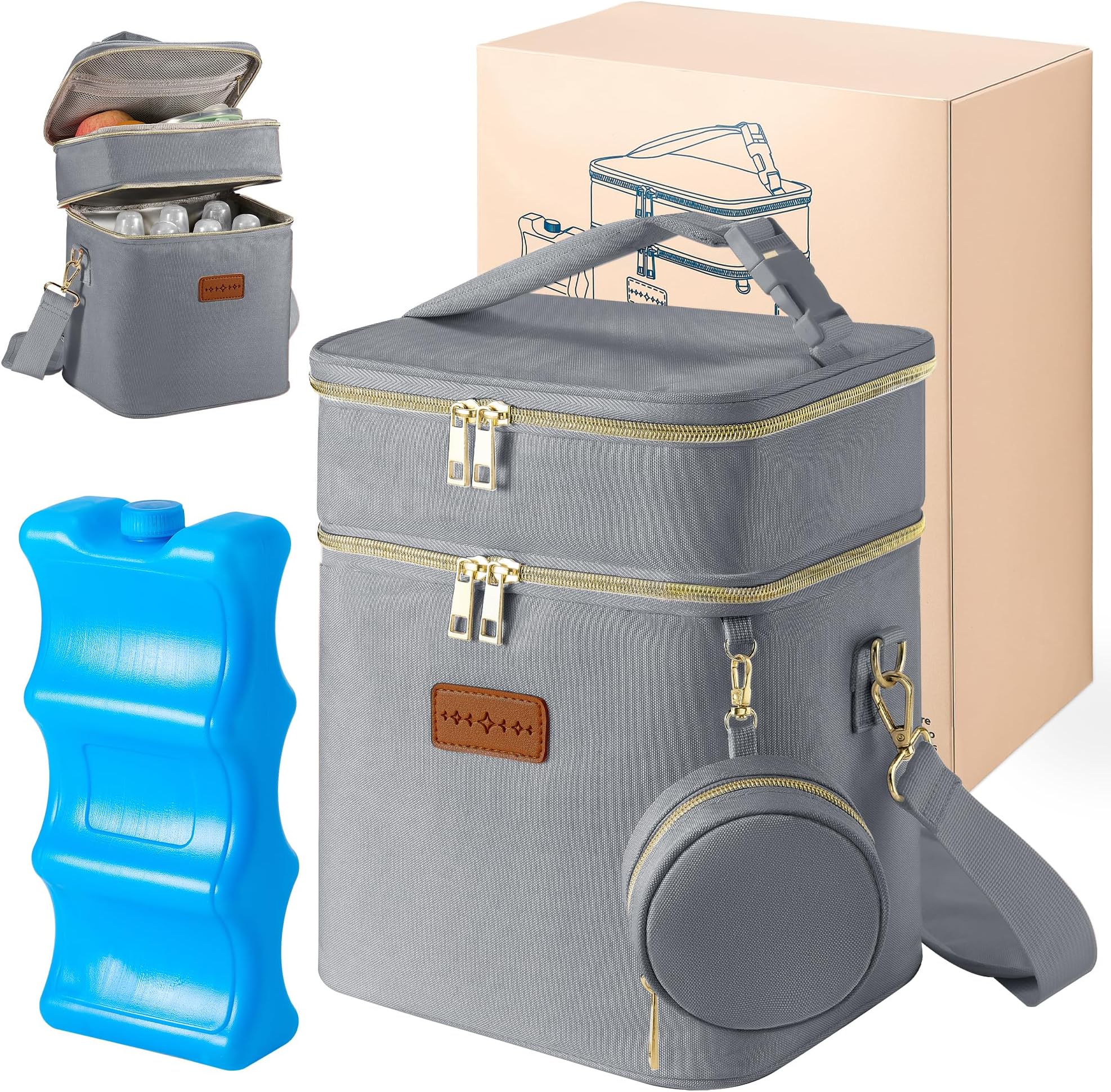 Breastmilk Cooler Bag with Ice Pack & Pacifier Case, Large Double Layer Insulated Baby Bottle Cooler Fits 6 Bottles, Breast Pump Storage Bag for Working Nursing Moms, Grey with Gift Box