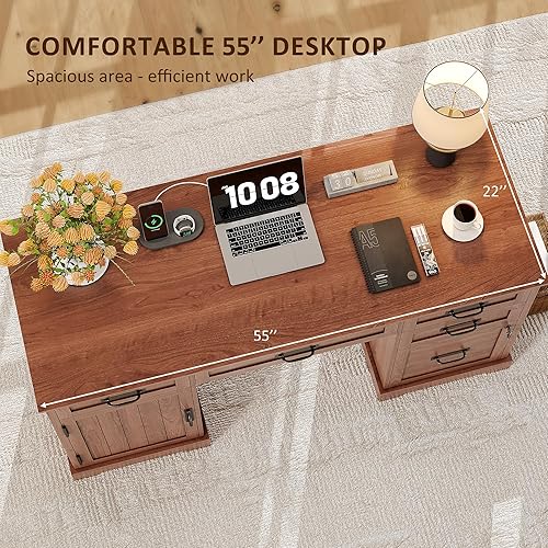 Miniatura 6 de Whalefall Escritorio de granja de 55 pulgadas para oficina en casa con cajones, escritorio ejecutivo para computadora de madera con archivador y