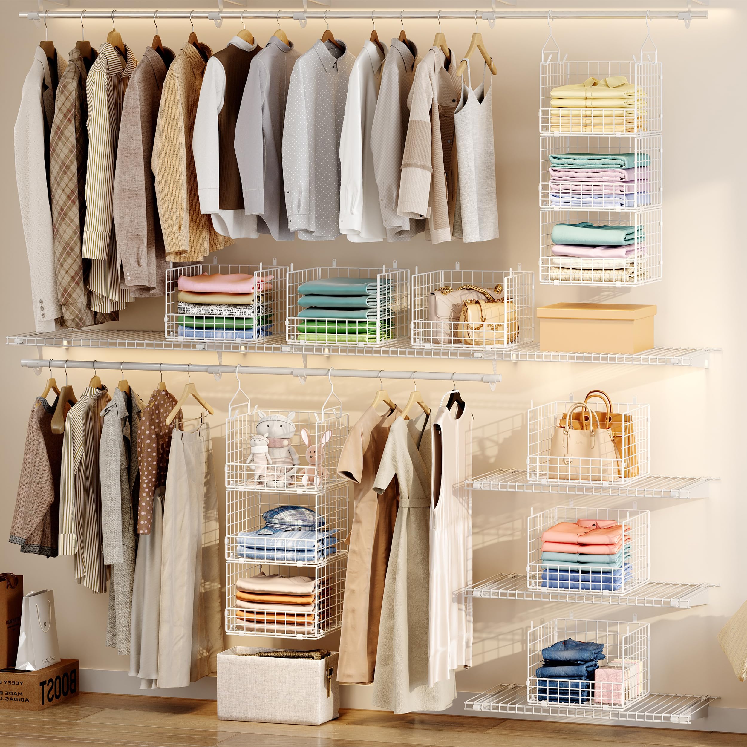 Organiseur de placard suspendu à 3 niveaux avec 5 crochets en S, étagères de placard pour vêtements, chaussures, sacs à main, accessoires, panier suspendu, système de placard, organiseurs de placard