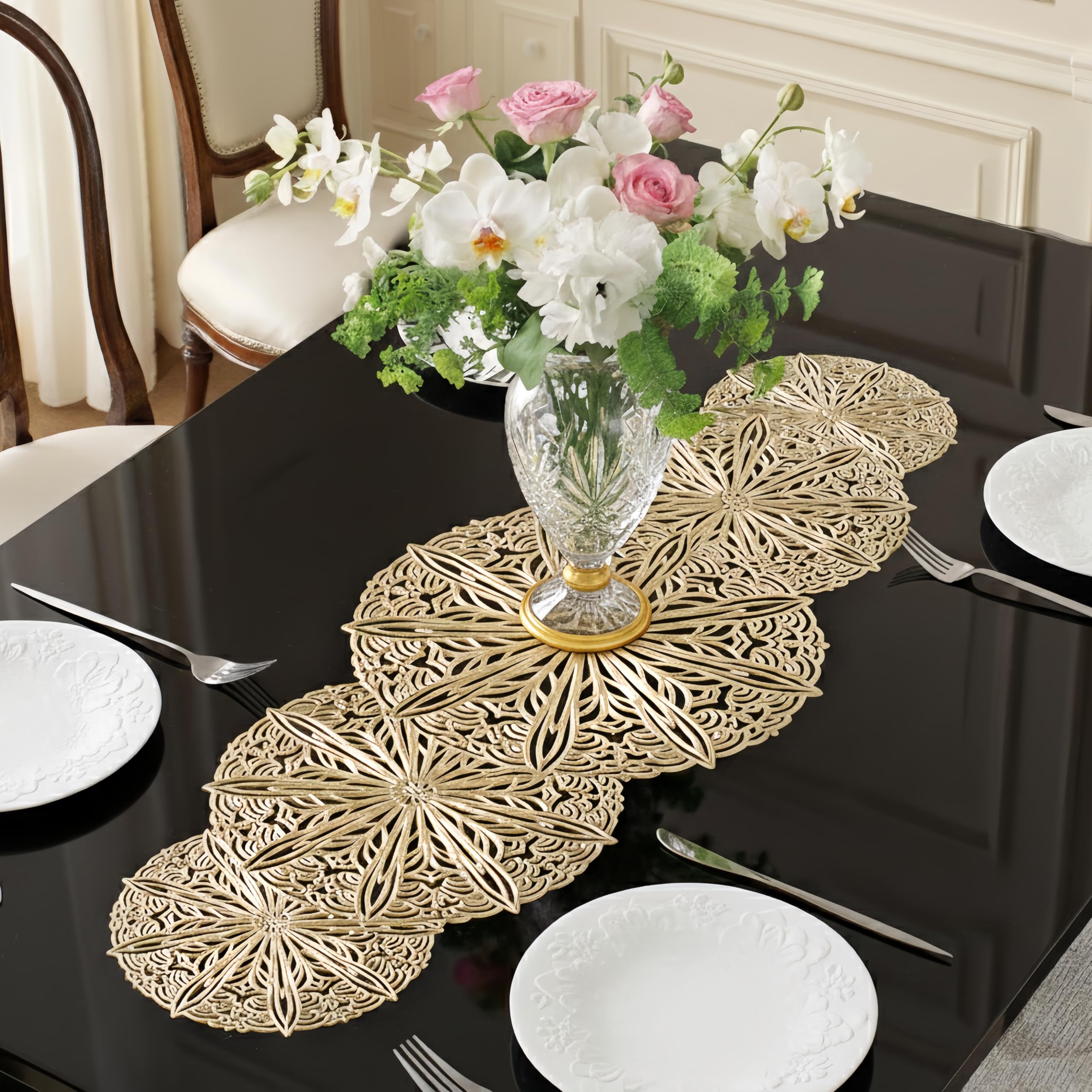 FAVE Gold Small Table Runner 36 Inch Heat Resistant Vinyl Table Cover for Dinner Party Wedding Decor(Gold Sphere)