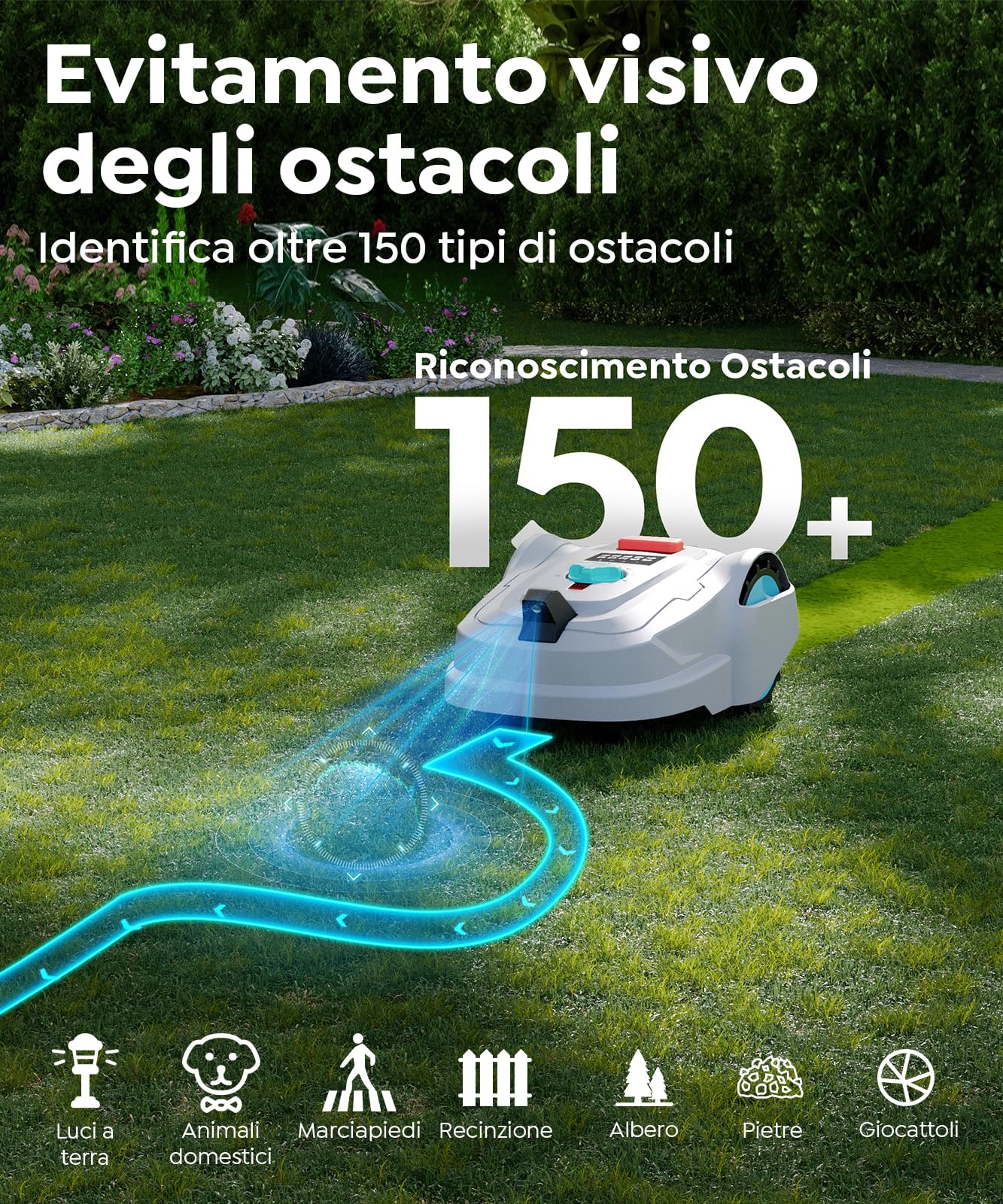 YARDCARE M800Plus Robot Tagliaerba Senza Filo Perimetrale, 800 m², Posizionamento GPS + Visione AI, Robot Tosaerba, Modalità di Taglio a U, Rilevamento di 150 Ostacoli, Ricarica Automatica, App
