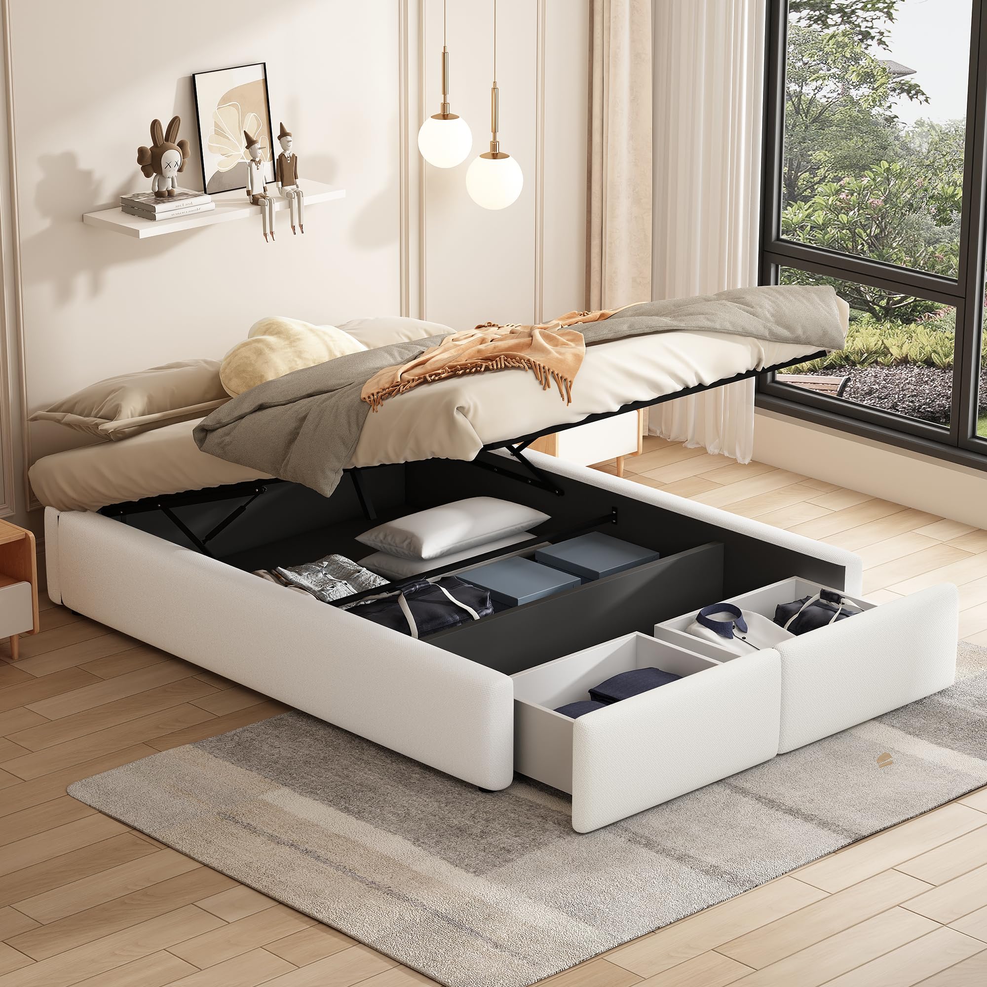 Polsterbett 140x200cm, Doppelbett mit Stauraum und Lattenrost, Ohne Kopfteil  Bettrahmen mit hydraulisches Bettkasten und 2 Schubladen, Stauraumbett  Bettgestell Jugendbett, Leinen, Ohne Matratze, Wei : Amazon.de: Kche,  Haushalt & Wohnen