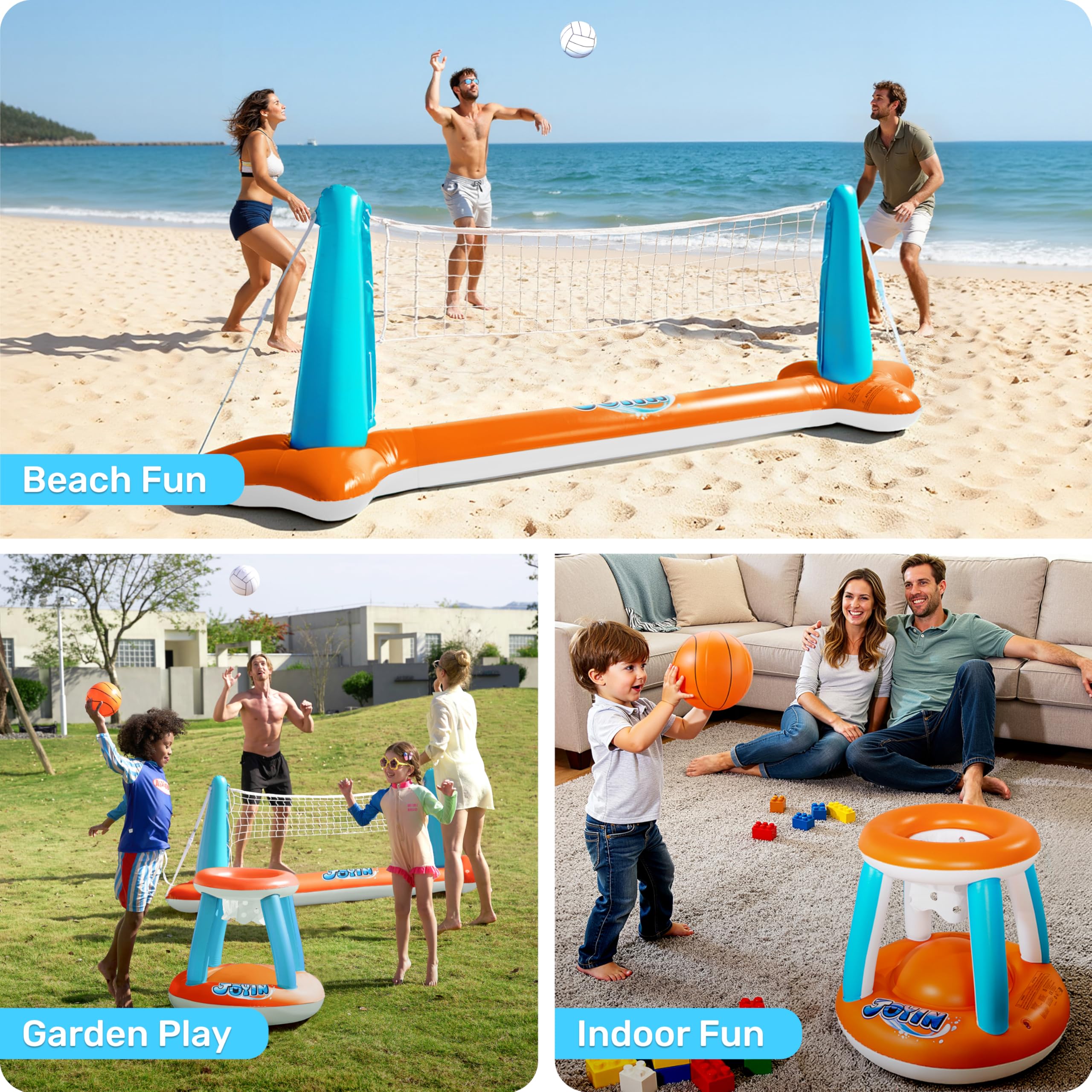 JOYIN Juego de flotador inflable XL para piscina, red de voleibol de 125 pulgadas y aros de baloncesto, juguete flotante extragrande para niños y adultos, flotadores de verano, cancha de voleibol,