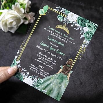 20 PCS Butterfly Personalized Clear Acrylic Quinceanera Invitation, Customized XV Anos, 15 Anos 5x7 Invitation Cards with Envelopes, Pricess Girl Floral Printed Sage Green