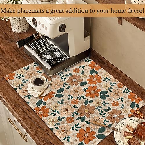 Miniatura 4 de Juego de 6 manteles individuales de flores florales retro de los años 70 lavables para mesa de cocina, comedor, resistentes al calor, para