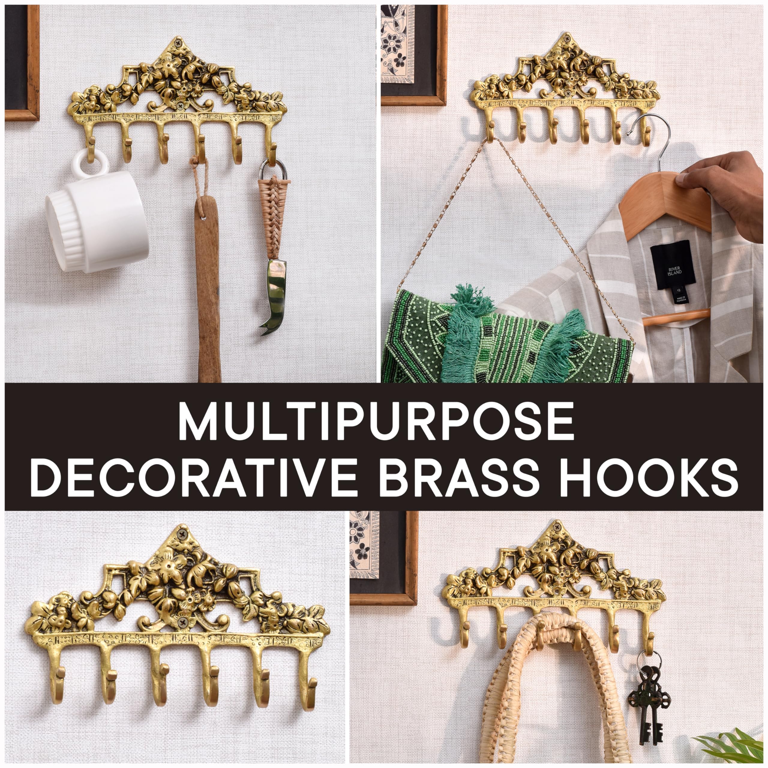 Set Di 3 Ganci Da Parete Vintage In Ottone Indian-Shelf - Portachiavi E Appendiabiti Decorativi Boho Per Casa, Ufficio, Ingrosso - Colore Oro - 3