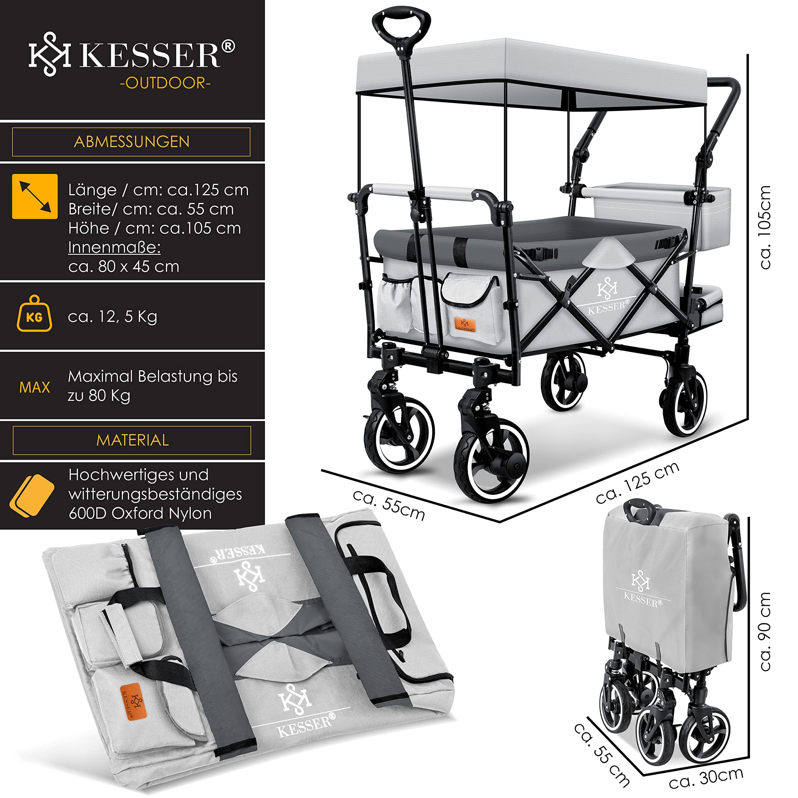 KESSER® - Carrello pieghevole manuale GTS-9100 con tettoia, carrello pieghevole con 2 sistemi con cinture a 3 punti, ruote in gomma girevoli a 360° e sistema di prolungamento interno, freno anteriore