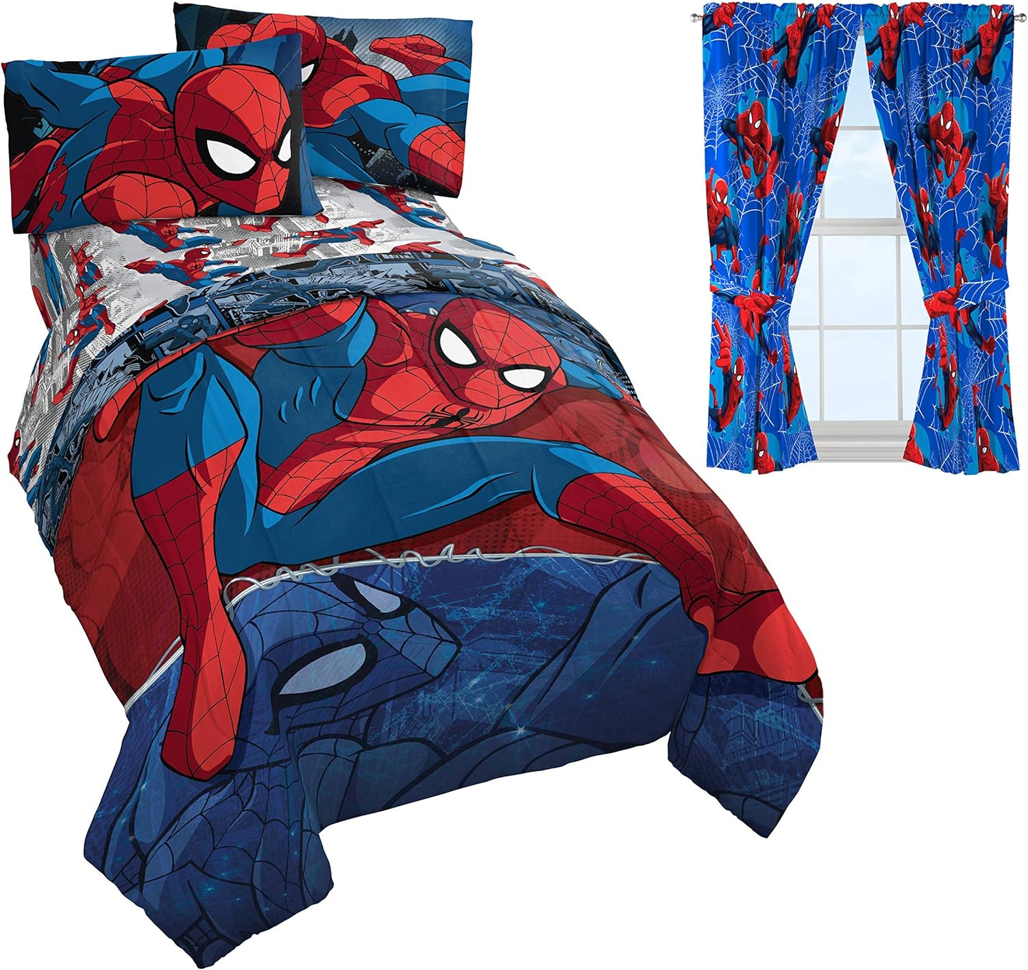 Jay Franco Marvel Spiderman Burst 6 Piece Bedroom Bundle - Includes Comforter, Sheet Set & Window Drapes (Official Marvel Product)