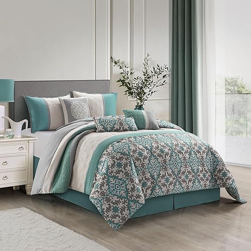 Miniatura 2 de Grand Avenue Juego de edredón verde azulado tamaño King, juego de ropa de cama de 7 piezas para todas las estaciones, fundas de almohada ultra
