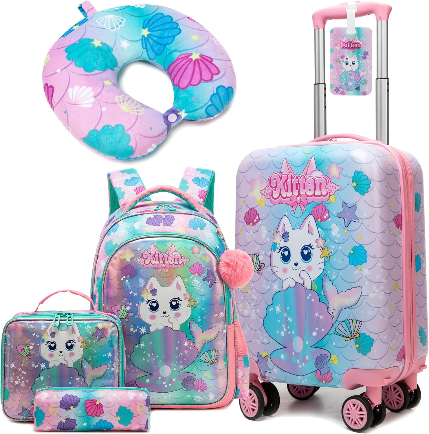 Suitcase for Kids 16inch 5pcs Luggage Set for Girls Travel Suitcase Hard Shell Luggage Sets with Spinner Wheels Carry on Luggage Airline Approved