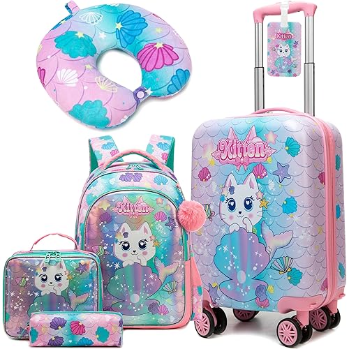 Suitcase for Kids 16inch 5pcs Luggage Set for Girls Travel Suitcase Hard Shell Luggage Sets with Spinner Wheels Carry on Luggage Airline Approved