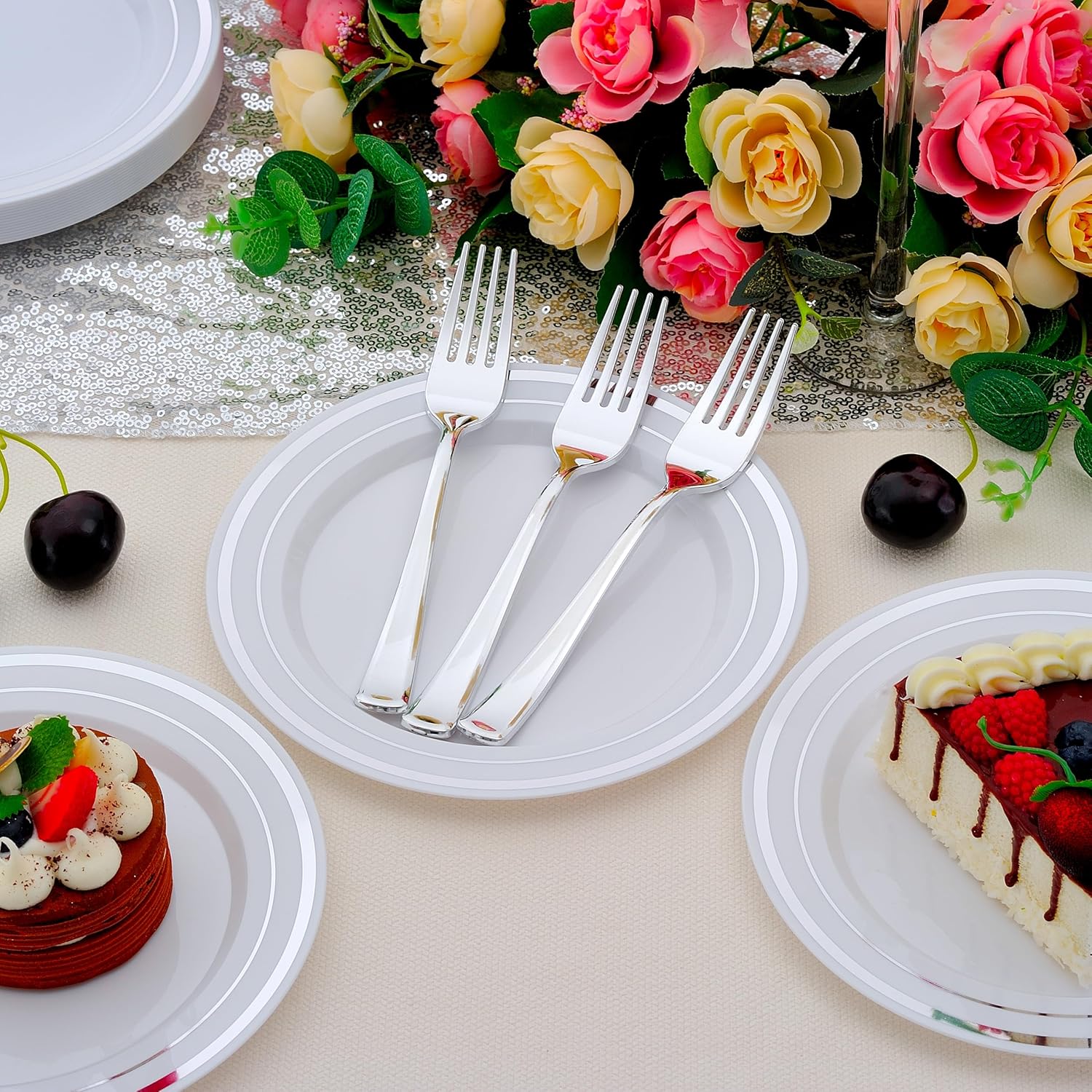 200pcs Silver Dessert Plates with Forks for 100 Guests-100pcs 7.5" Disposable Silver and White Small Plates with 100pcs 7.4" Forks-Cake/Appetizer/Salad Plate for Wedding,Birthday,Party - Image 2
