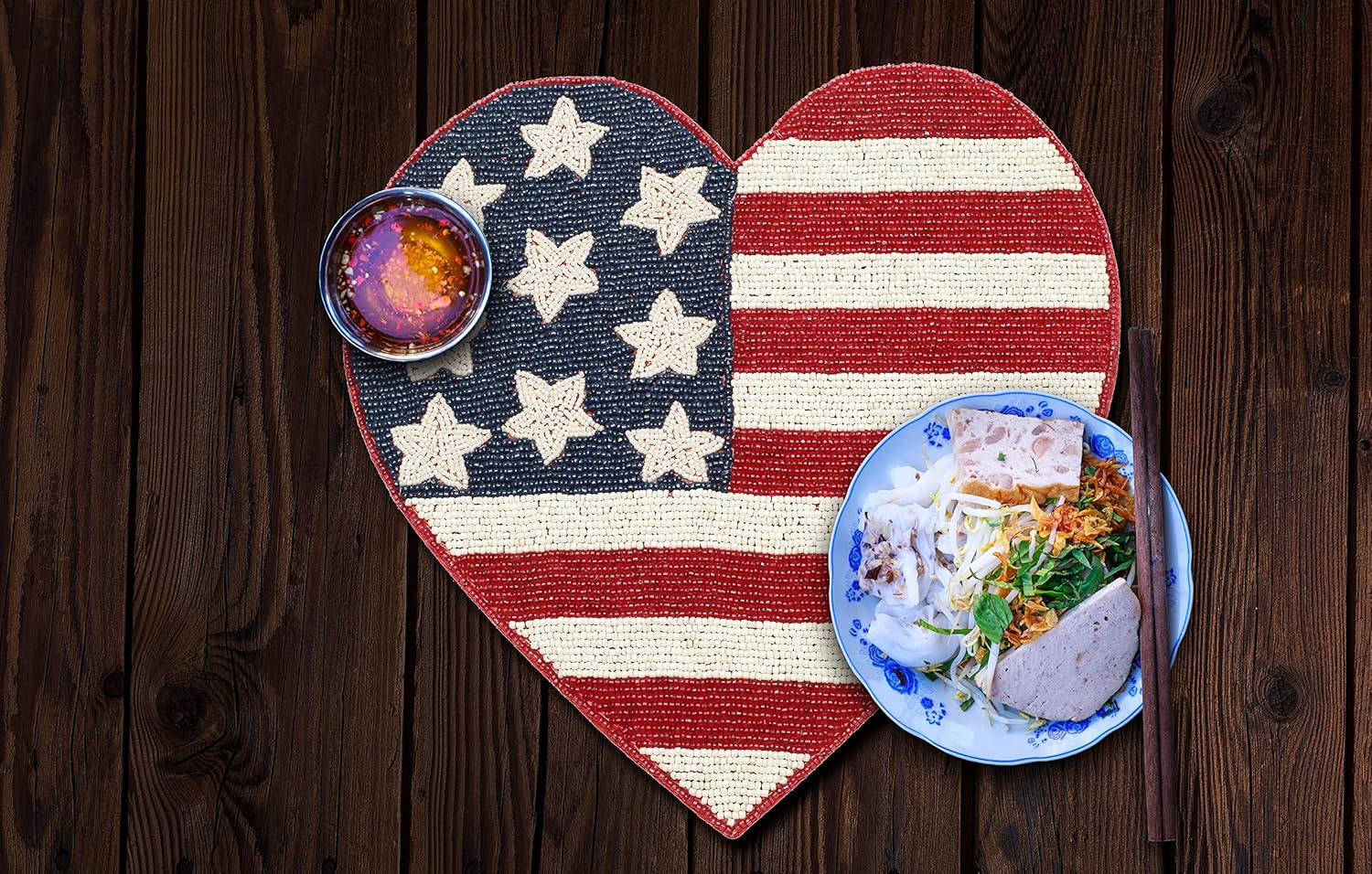 Lightnpro Heart-Shaped Beaded Placemat Set of 2 - Handmade Charger Mat -Patriotic Table Decor for 4th of July, Independence Day, Memorial Day, Family Gathering, Summer Parties -13 Inch Red White Blue