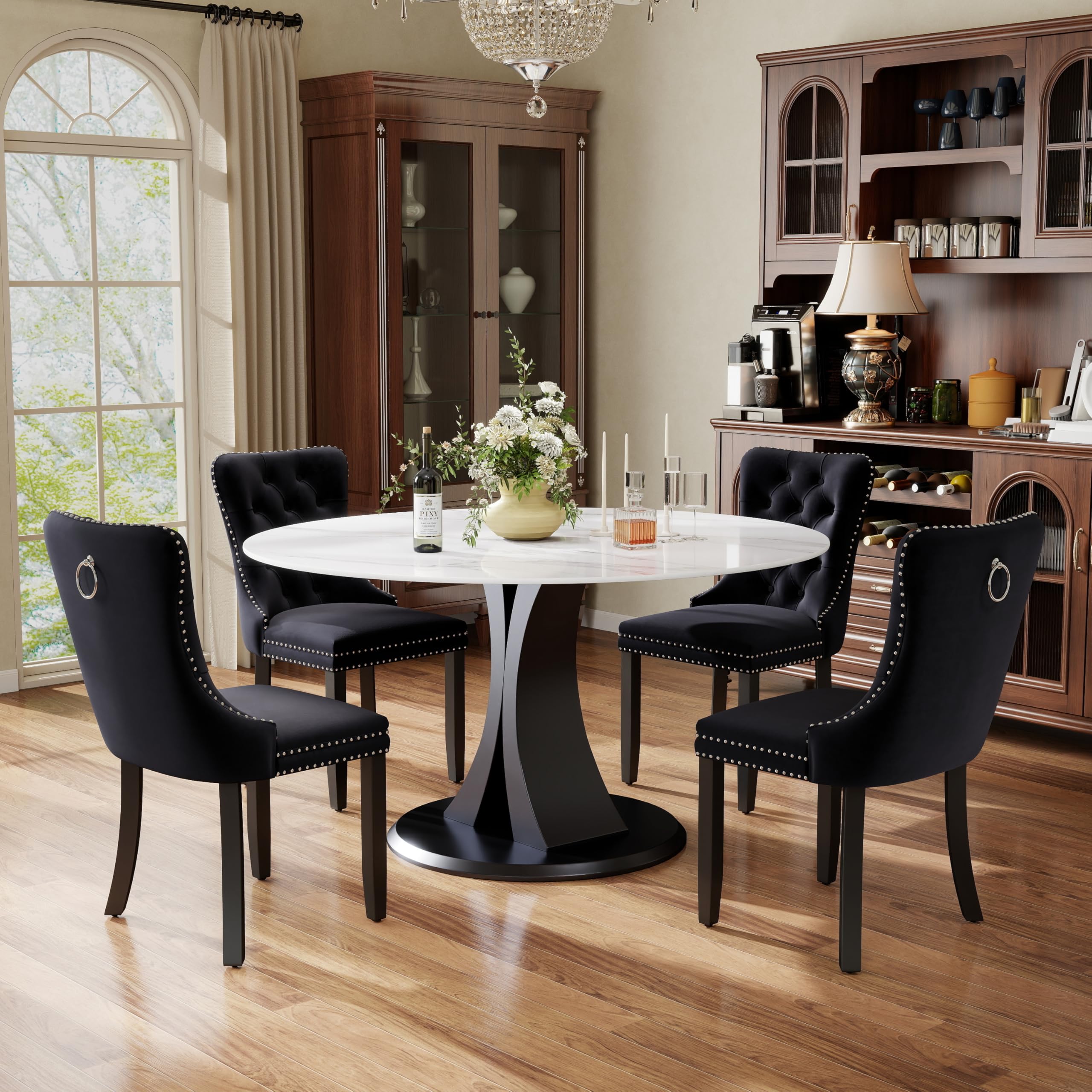 5-Piece Dining Table Set with 47In Faux Marble Table and 4 Velvet Upholstered Chairs, Modern Scandinavian Furniture for Dining Room Kitchen(Black)