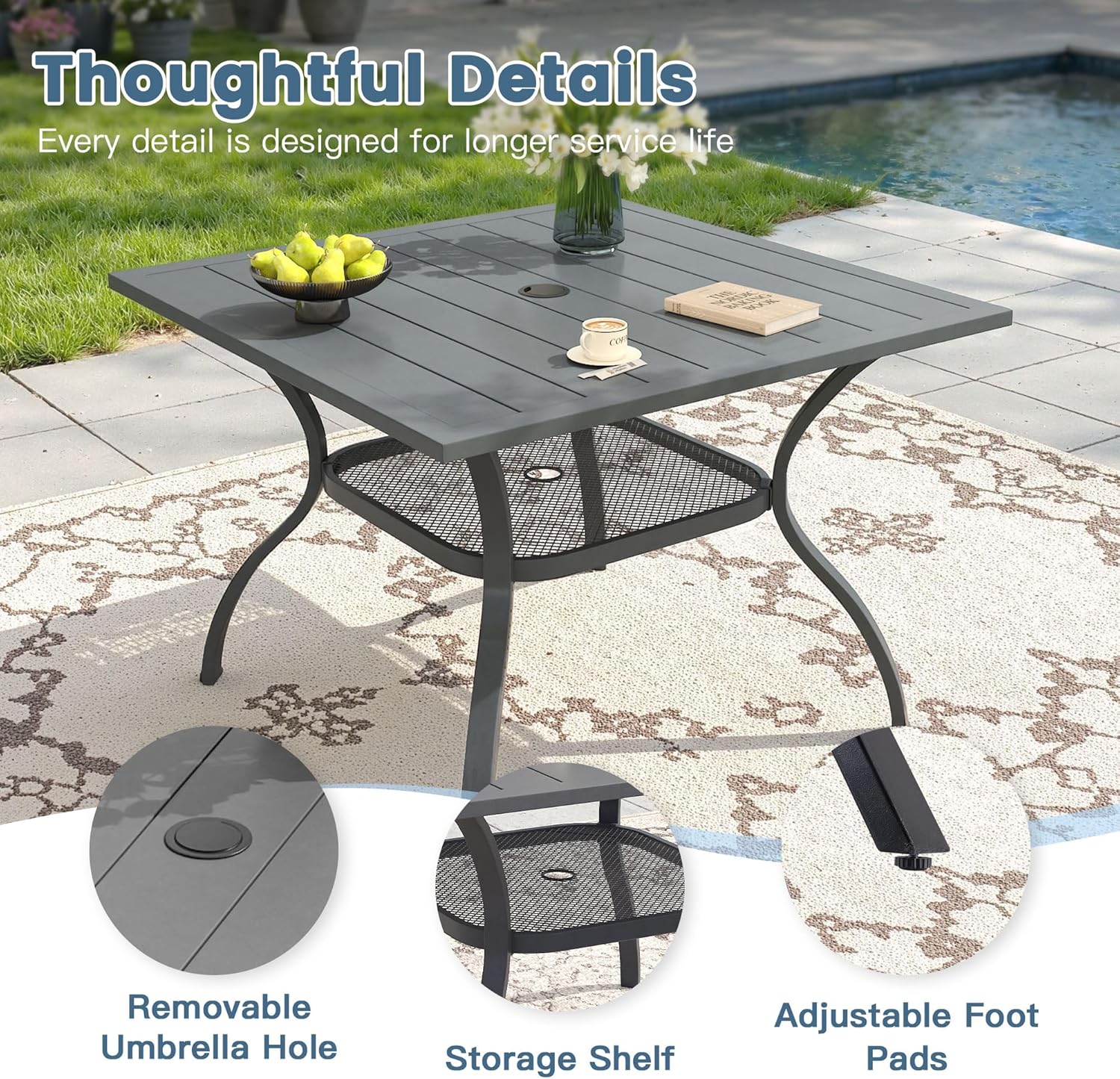 DIFY Square Patio Dining Table for 4, 38" Grey Outdoor Metal Dining Table with 1.57" Umbrella Hole for Backyard, Lawn, Garden and Deck